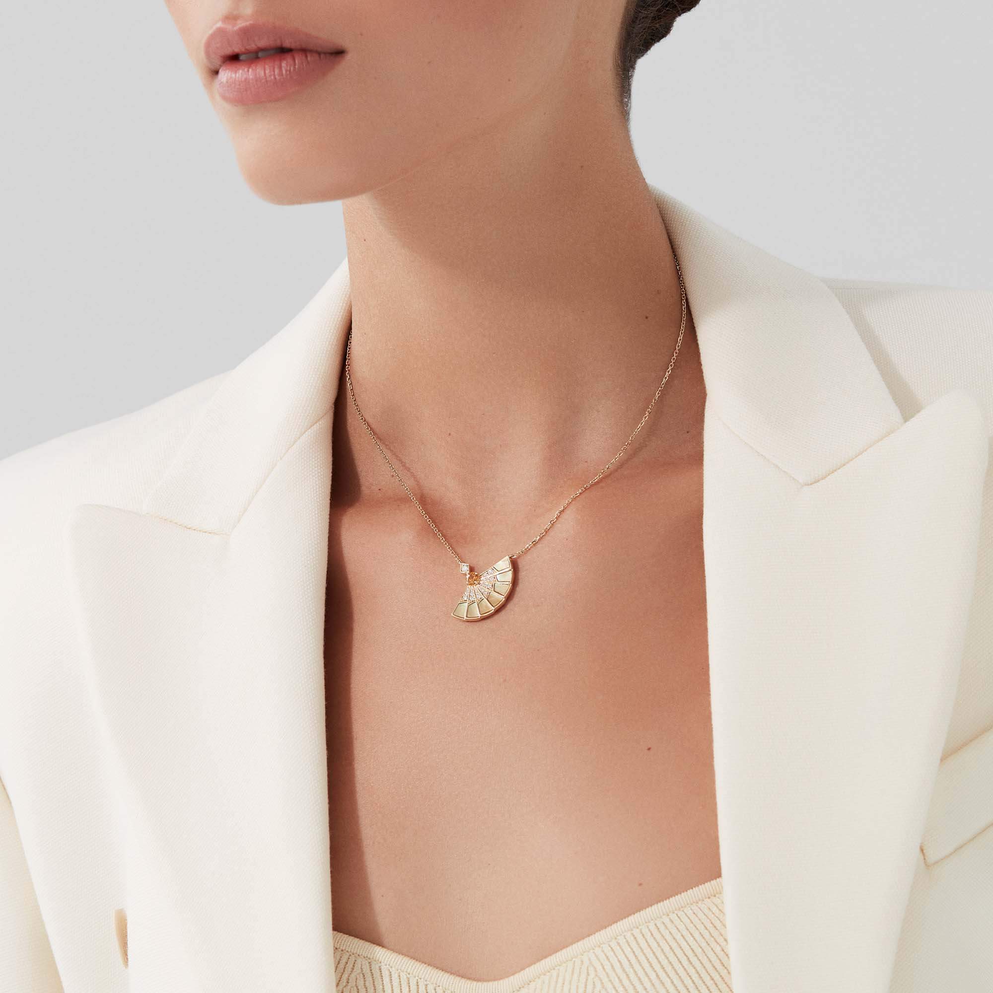 Garrard Fanfare Symphony Orange Sapphire And Golden Mother Of Pearl Pendant In 18ct Yellow Gold With Diamonds