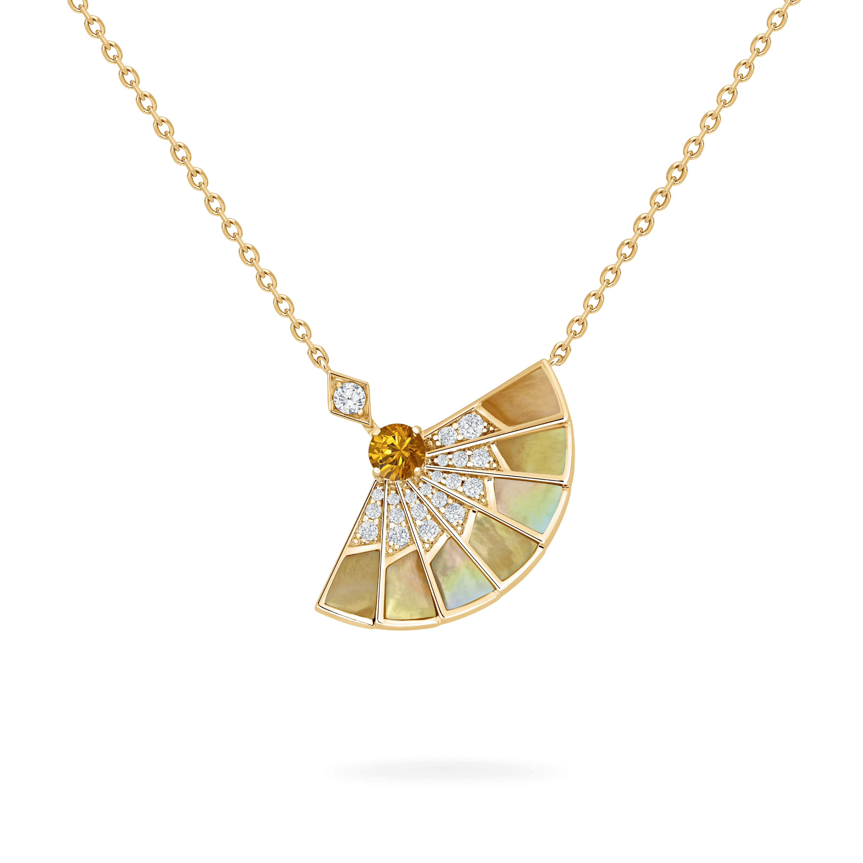 garrard Fanfare Symphony Orange Sapphire and Golden Mother of Pearl Pendant In 18ct Yellow Gold with Diamonds