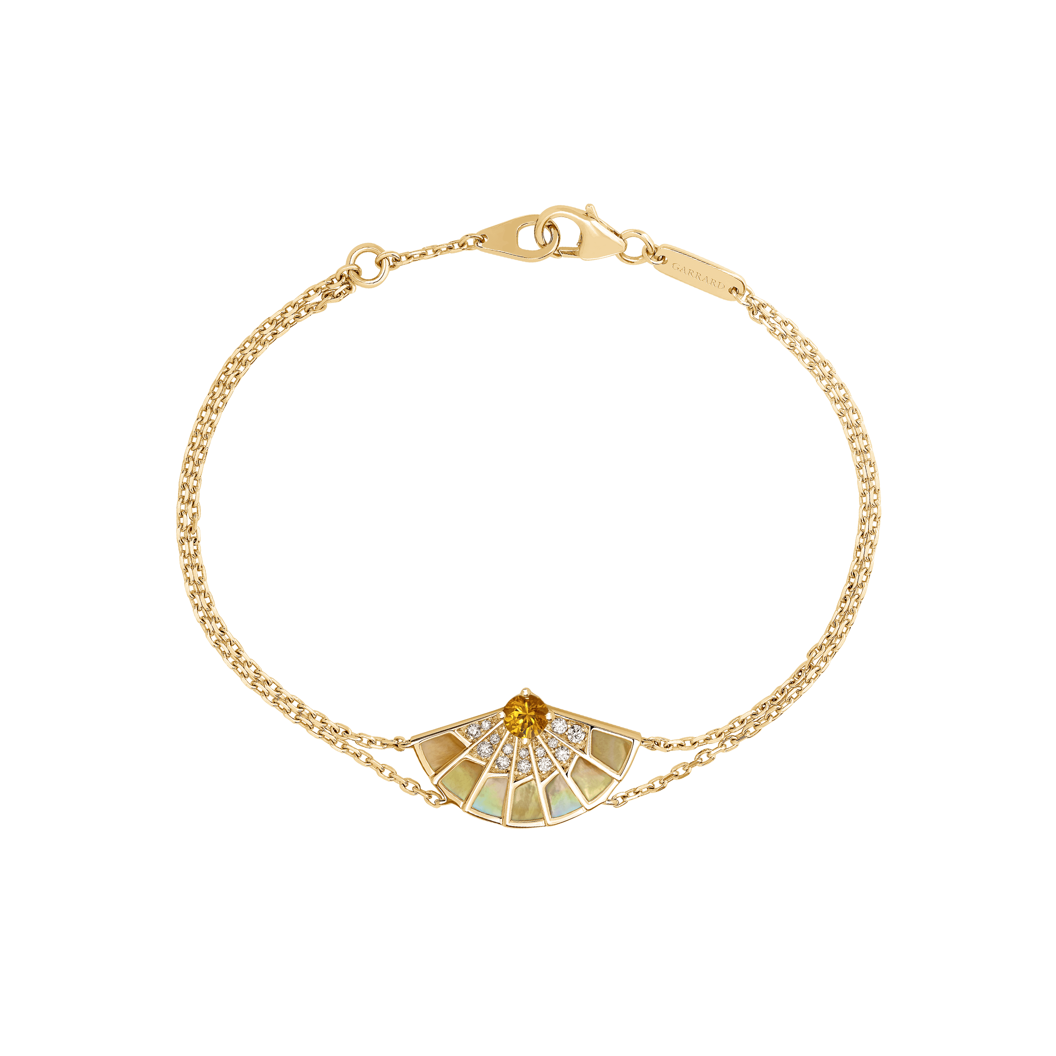 garrard Fanfare Symphony Orange Sapphire and Golden Mother of Pearl Bracelet In 18ct Yellow Gold with Diamonds