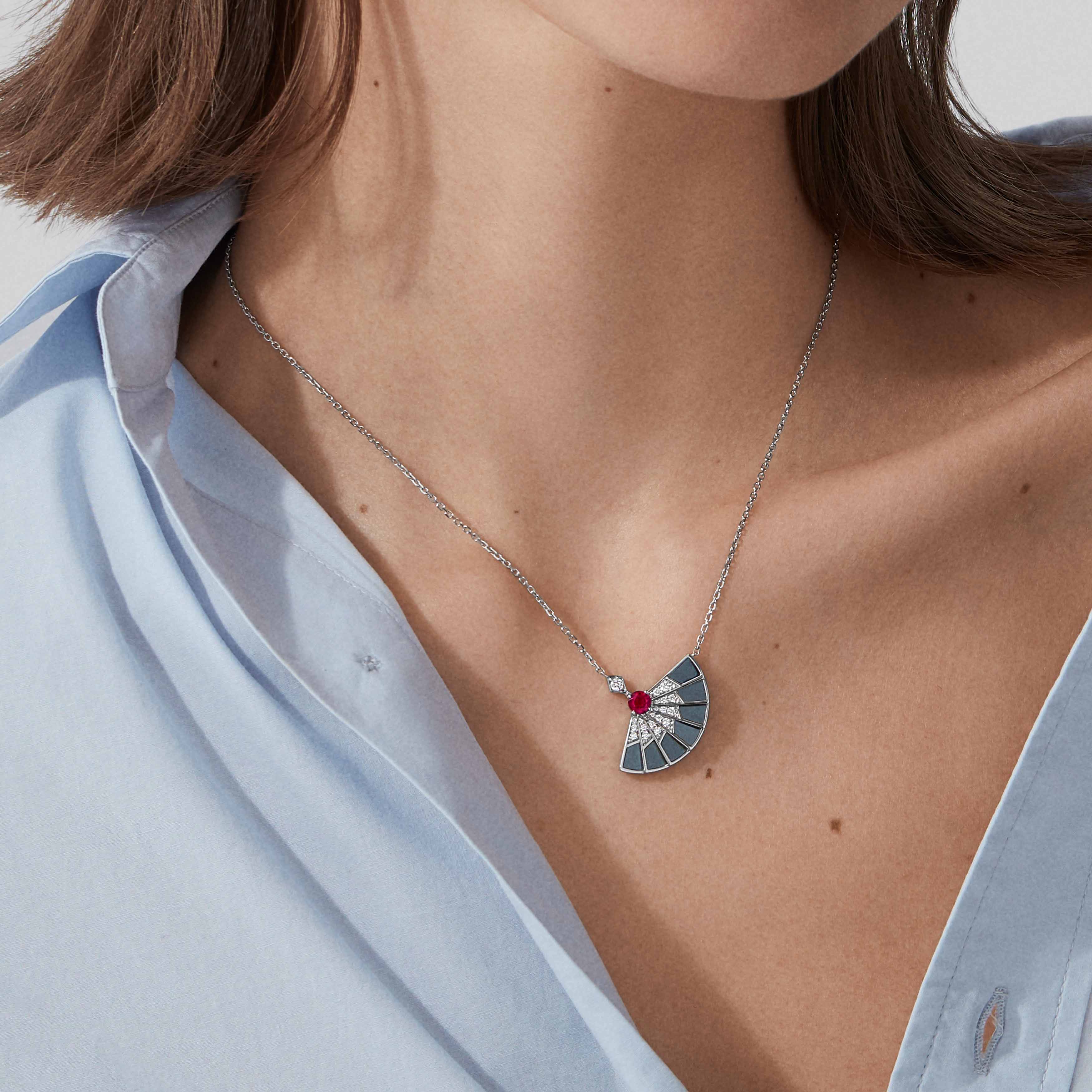 Garrard Fanfare Symphony Ruby And Hematite Pendant In 18ct White Gold With Diamonds