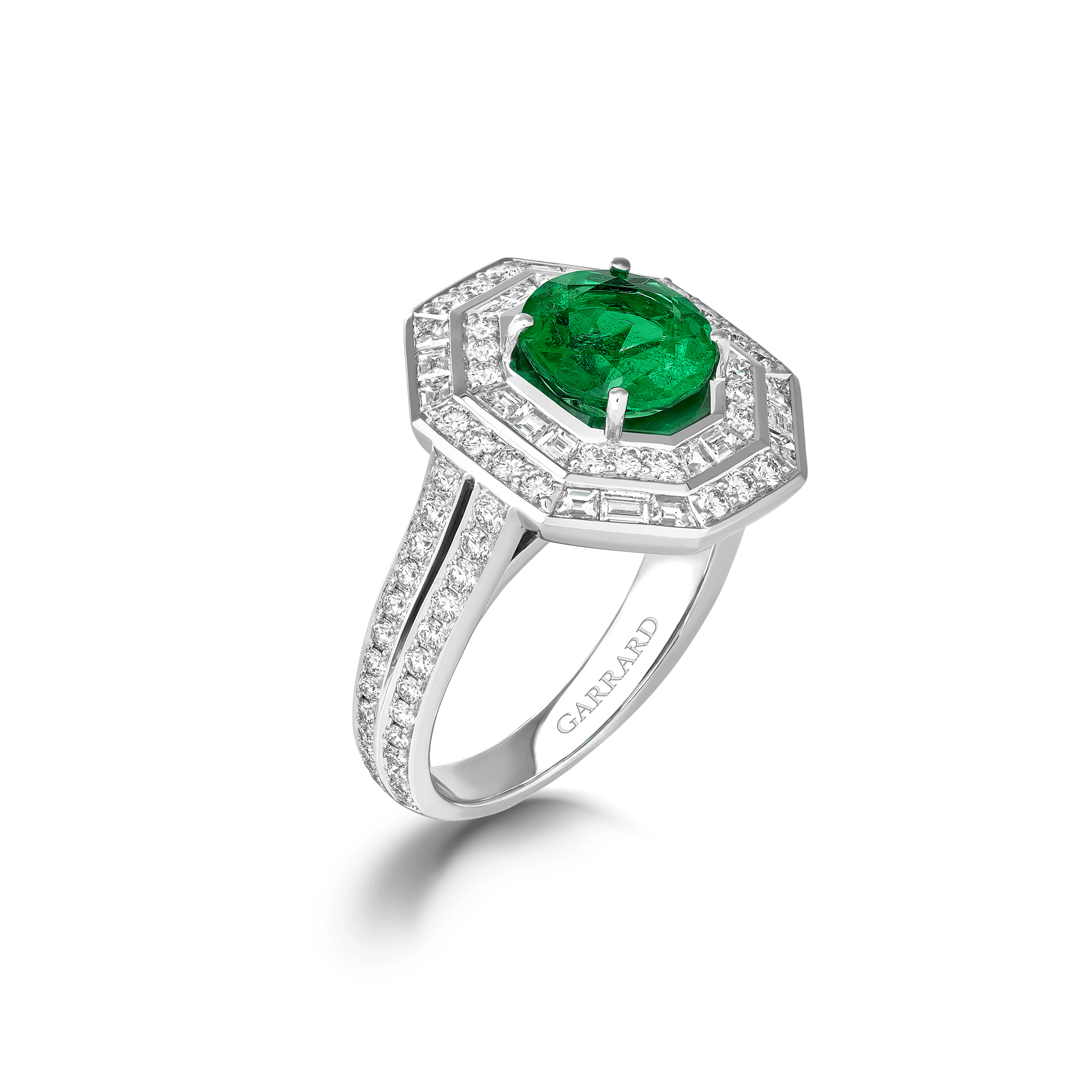 garrard Jewelled Vault 1.95ct Round Colombian Emerald and Diamond High Jewellery Ring In 18ct White Gold