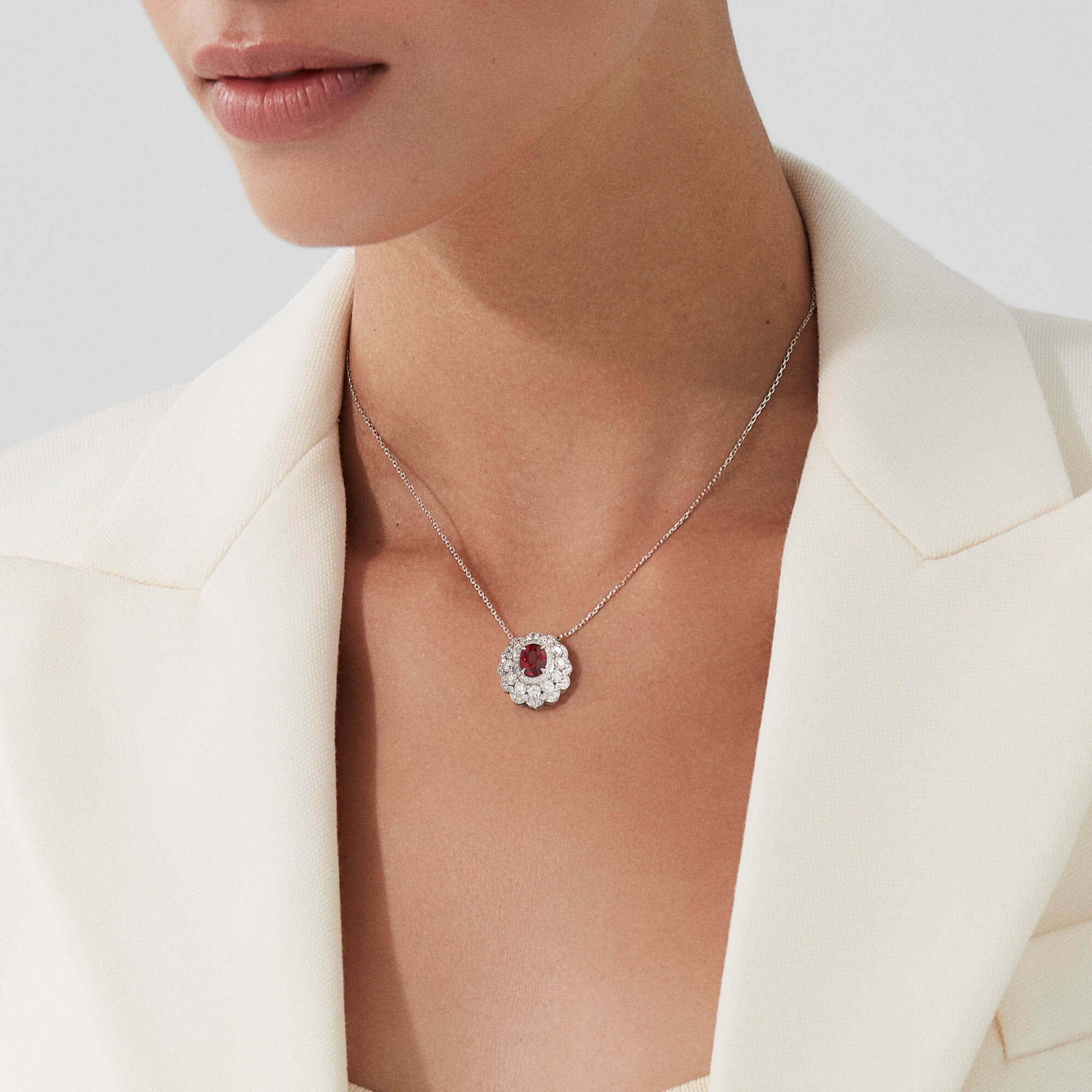 Garrard Jewelled Vault 2.06ct Oval Pigeon’s Blood Ruby And Diamond High Jewellery Pendant In 18ct White Gold