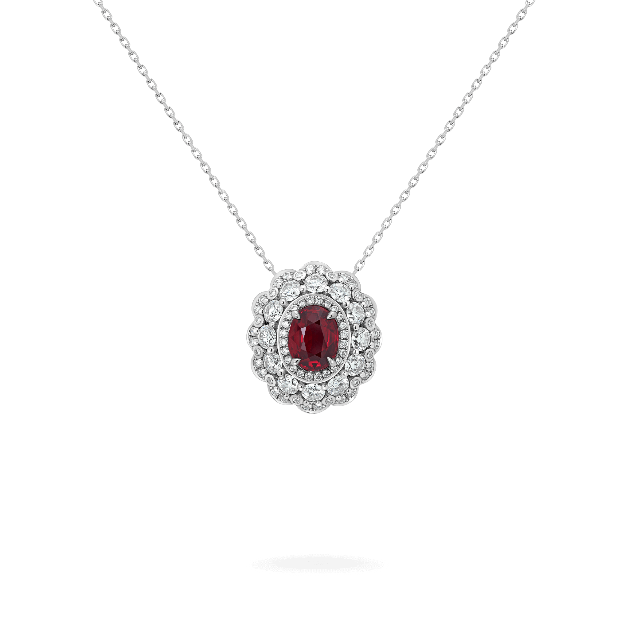garrard Jewelled Vault 2.06ct Oval Pigeon’s Blood Ruby and Diamond High Jewellery Pendant In 18ct White Gold
