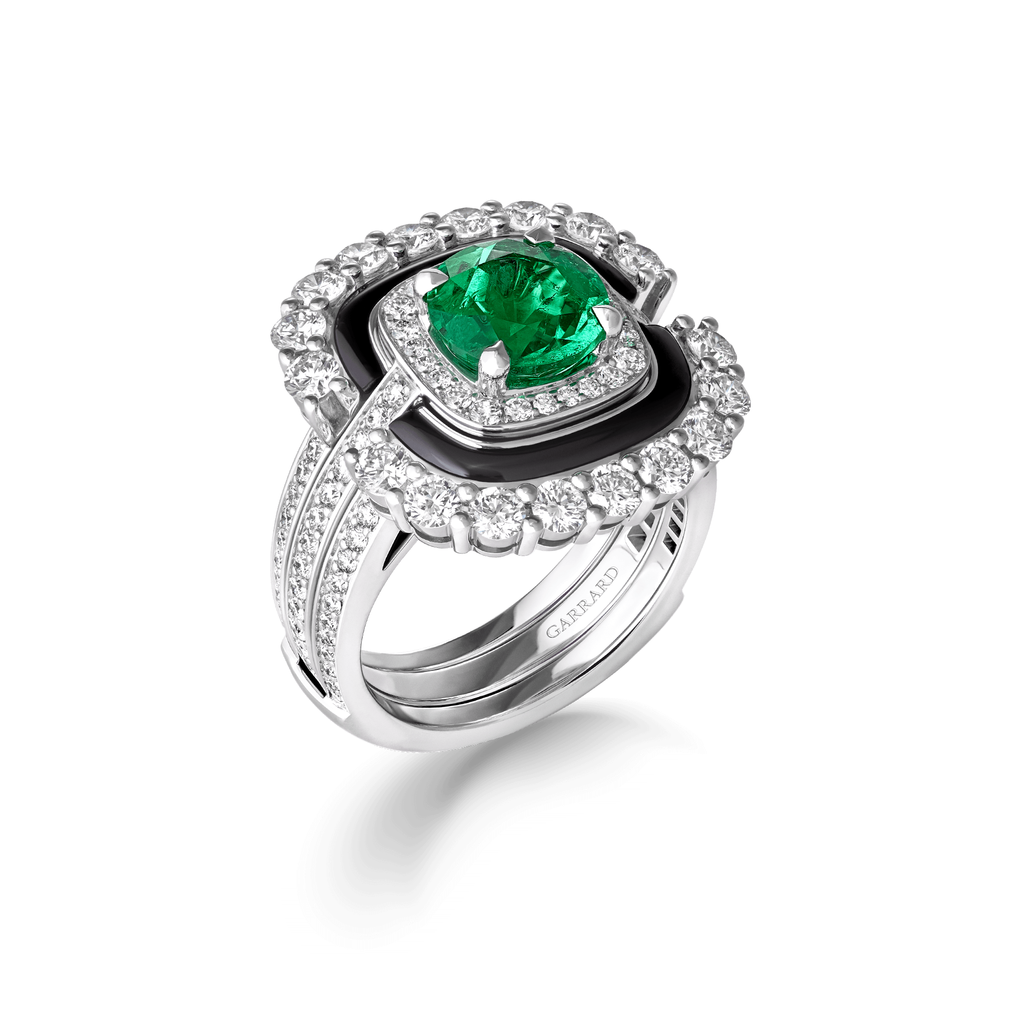 garrard Jewelled Vault 2.21ct Round Colombian Emerald Black Spinel and Diamond Ring In 18ct White Gold