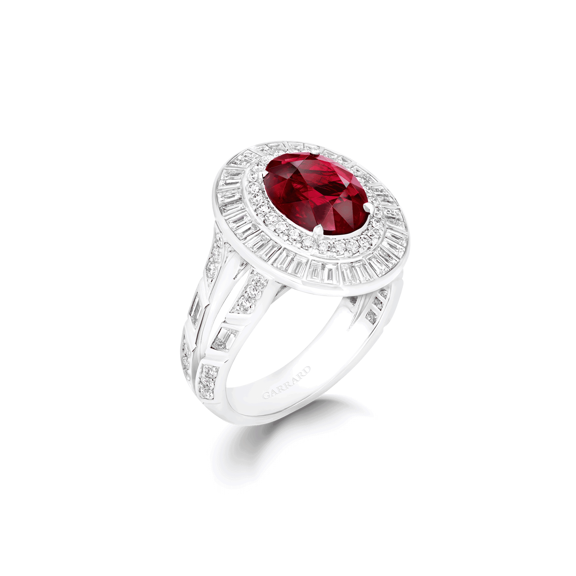 garrard Jewelled Vault 2.96ct Oval Pigeon’s Blood Ruby and Diamond High Jewellery Ring In 18ct White Gold