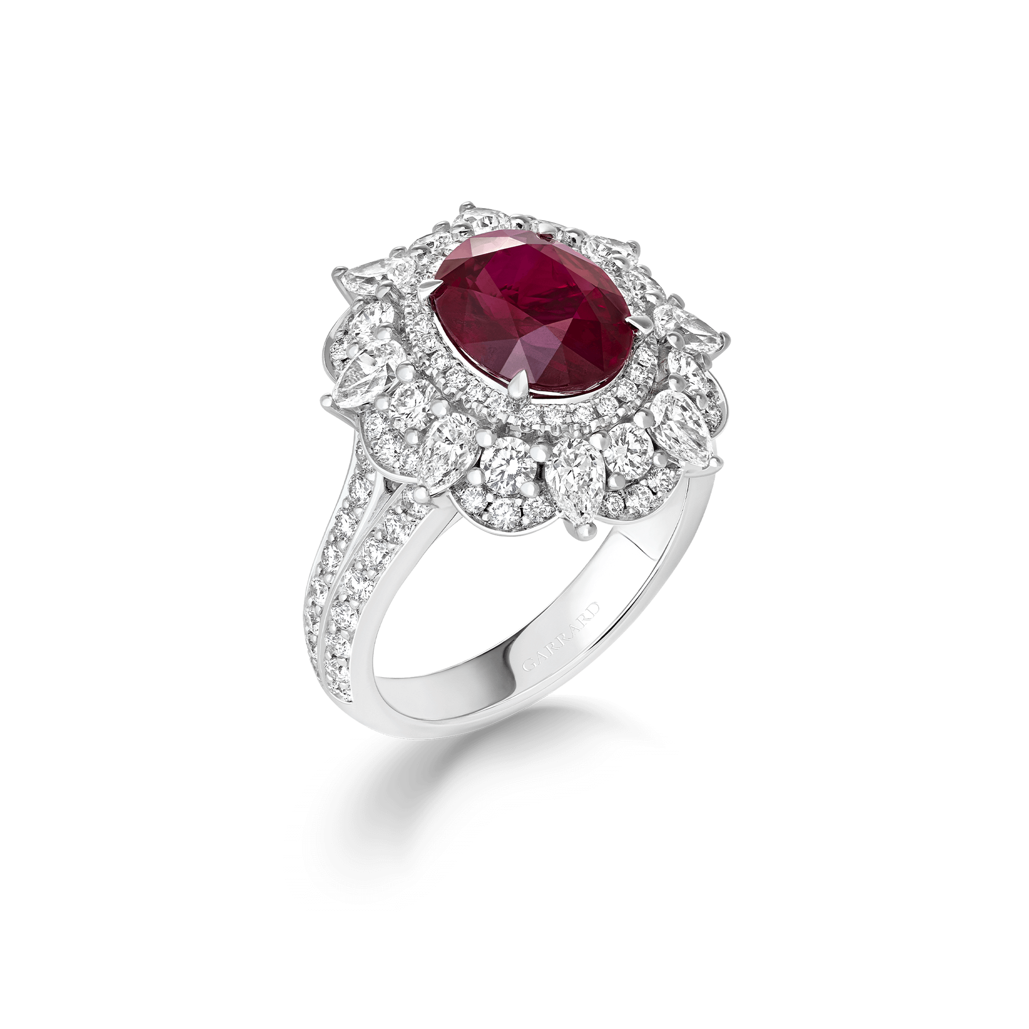 garrard Jewelled Vault 3.02ct Oval Pigeon’s Blood Ruby and Diamond High Jewellery Ring In 18ct White Gold