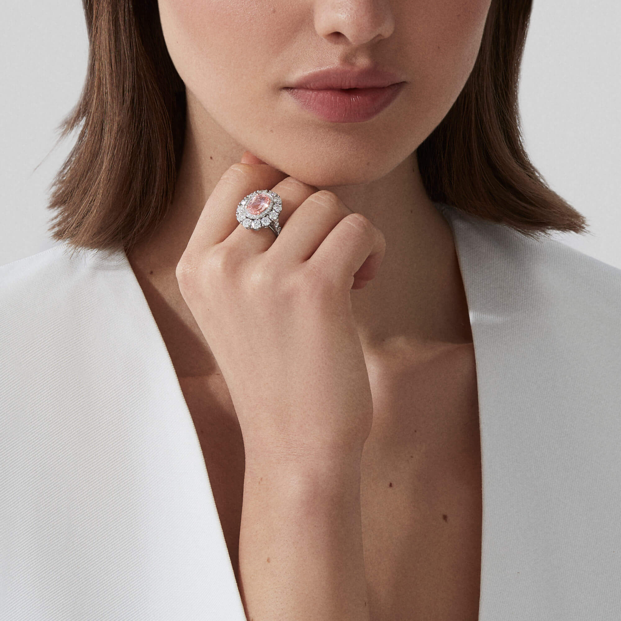 Garrard Jewelled Vault 3.09ct Oval Padparadscha Sapphire And Diamond 1735 Double Cluster Ring In Platinum