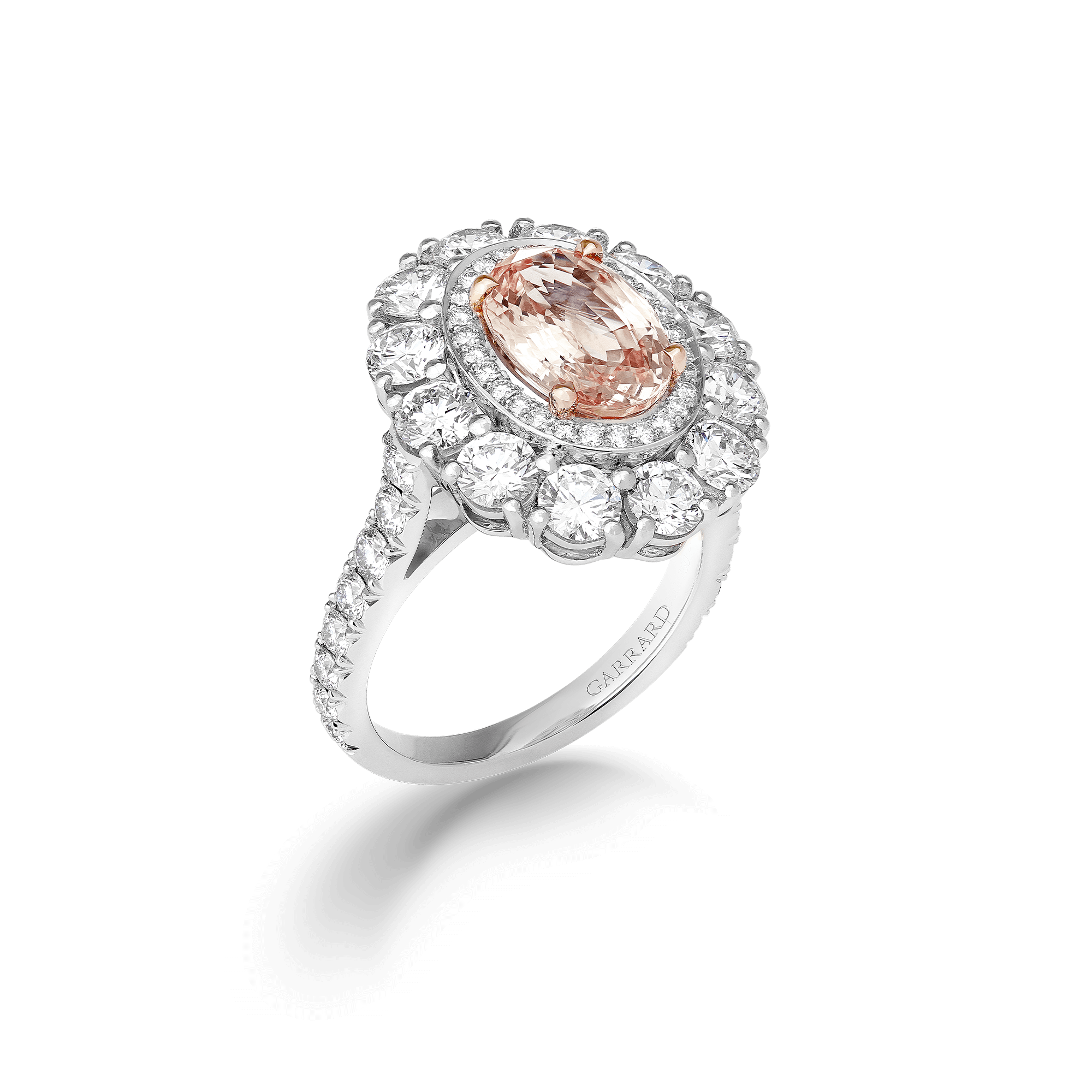 garrard Jewelled Vault 3.09ct Oval Padparadscha Sapphire and Diamond 1735 Double Cluster Ring In Platinum