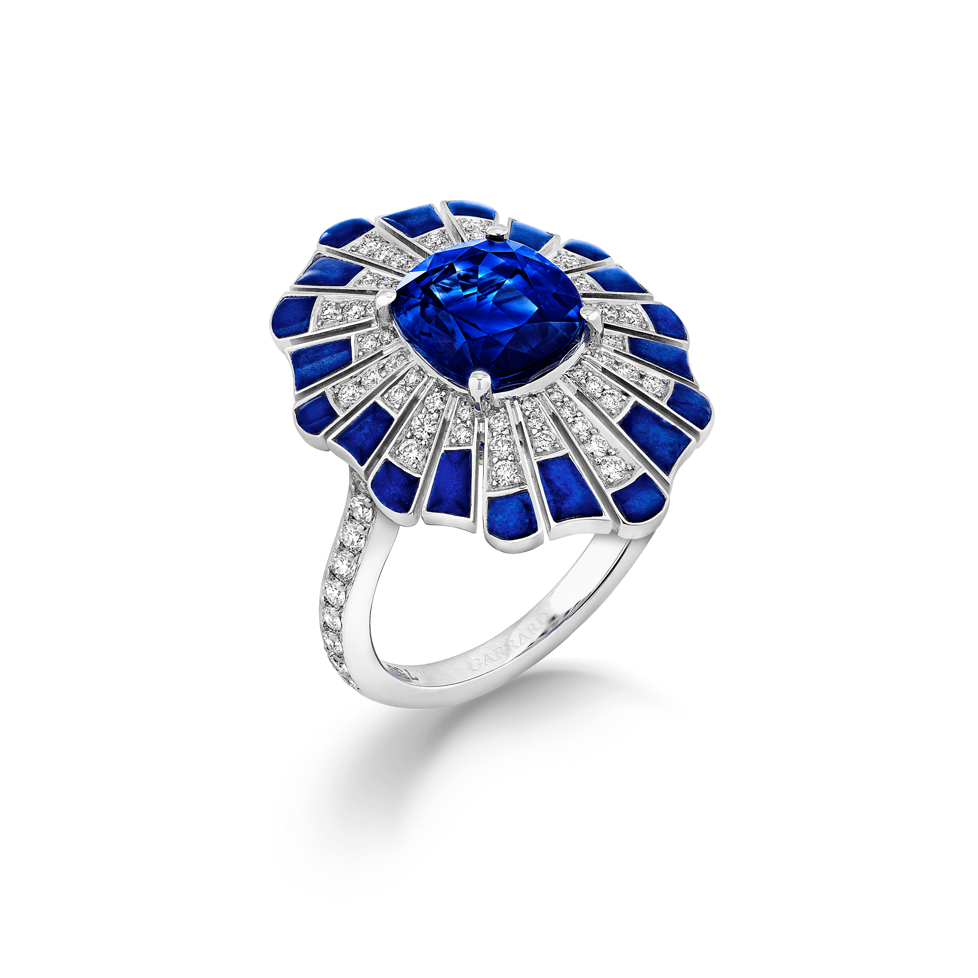 garrard Jewelled Vault 3.64ct Cushion Cut Sapphire Diamond and Lapis Lazuli Ring In 18ct White Gold
