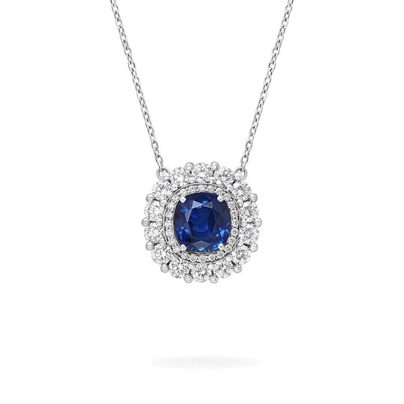 garrard Jewelled Vault 3.88ct Cushion Cut Sapphire and Diamond 1735 Double Cluster Pendant In Platinum