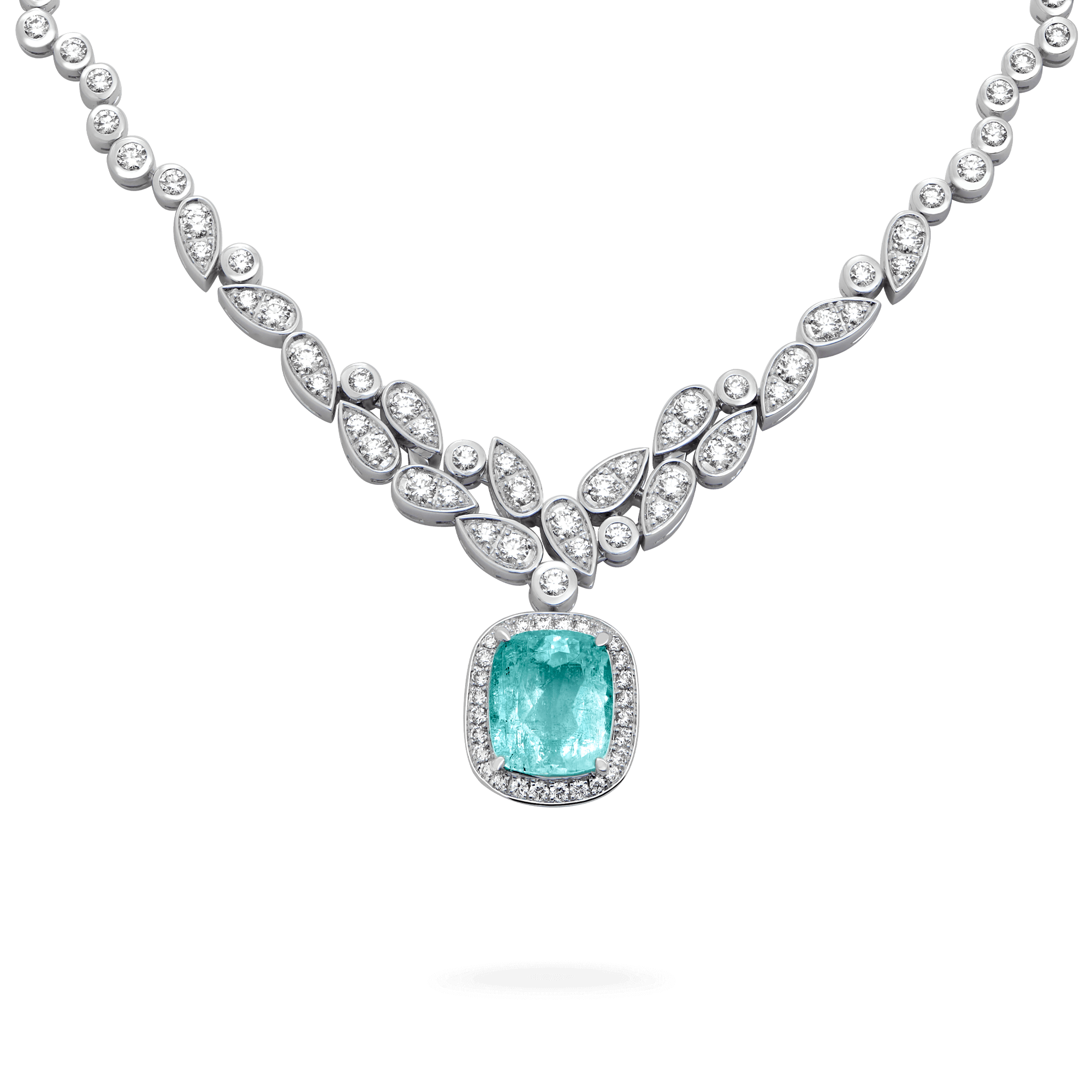 garrard Jewelled Vault 4.22ct Cushion Cut Paraiba Tourmaline and Diamond High Jewellery Necklace In 18ct White Gold