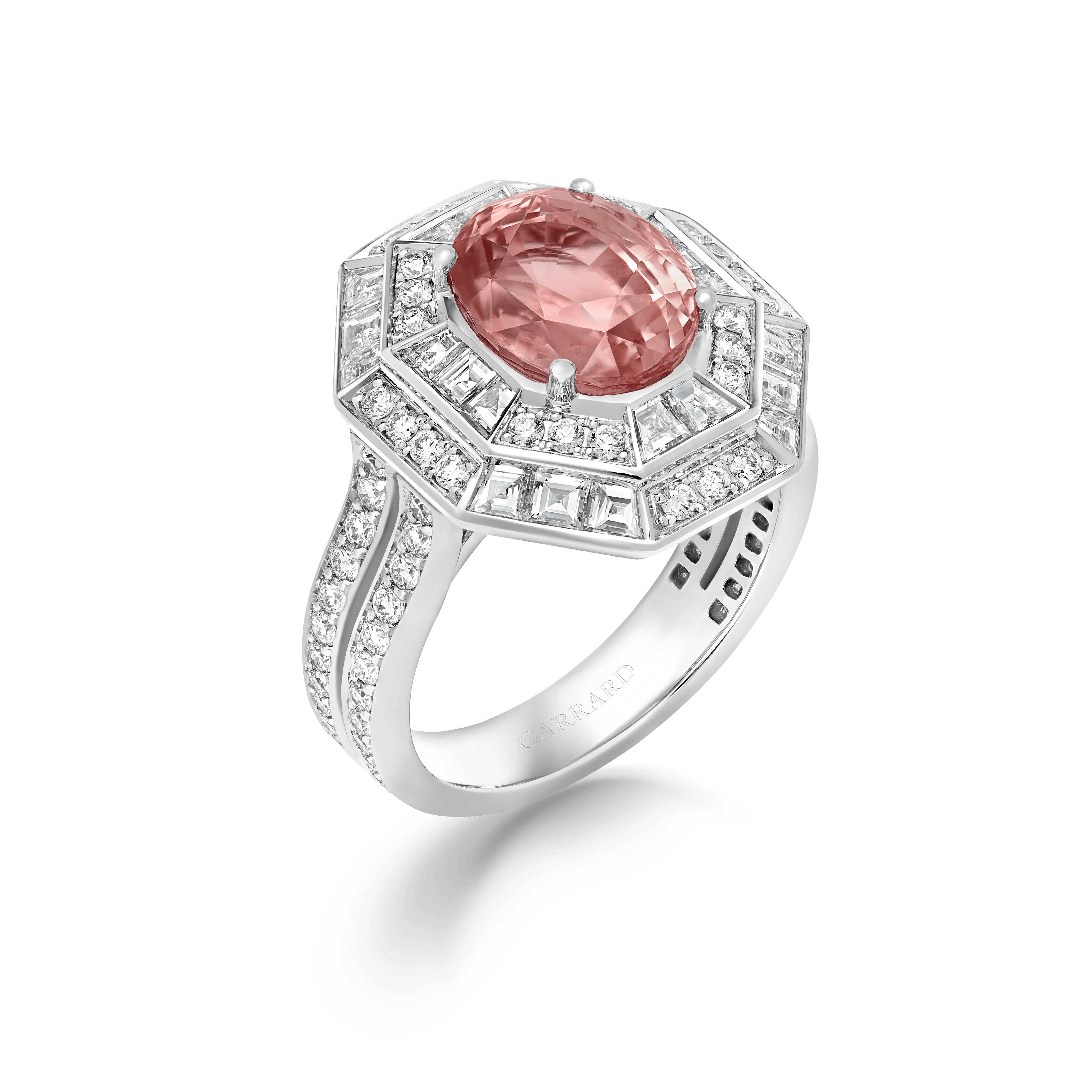 garrard Jewelled Vault 4.91ct Oval Sri Lankan Padparadscha Sapphire Cocktail Ring In 18ct White Gold with Diamonds