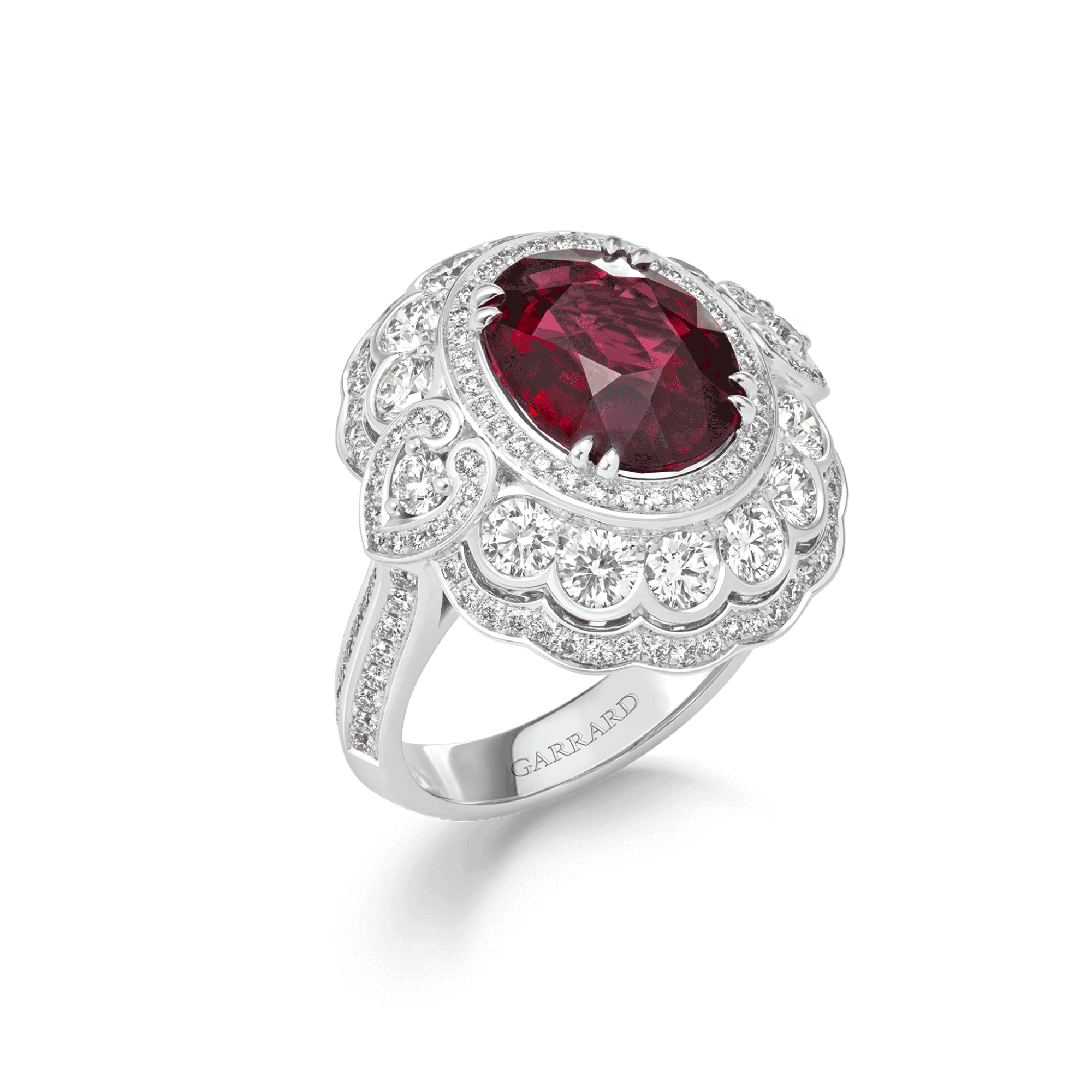 garrard Jewelled Vault 5.03ct Oval Pigeon’s Blood Ruby and Diamond High Jewellery Ring In 18ct White Gold