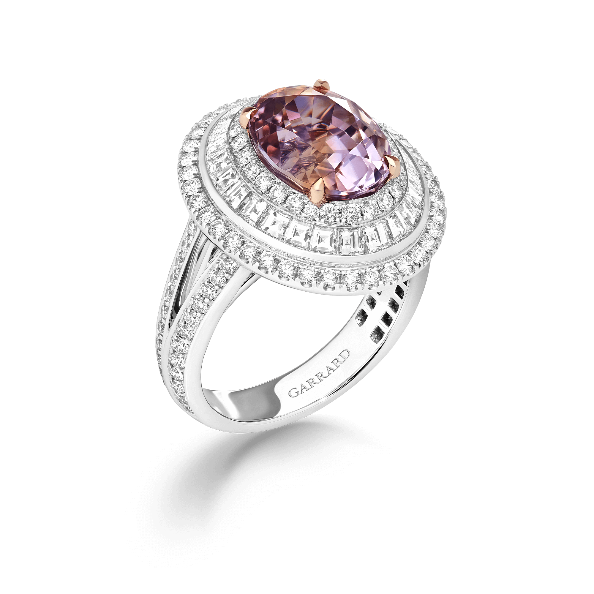 garrard Jewelled Vault 7.44ct Oval Padparadscha Sapphire and Diamond High Jewellery Ring In 18ct White Gold
