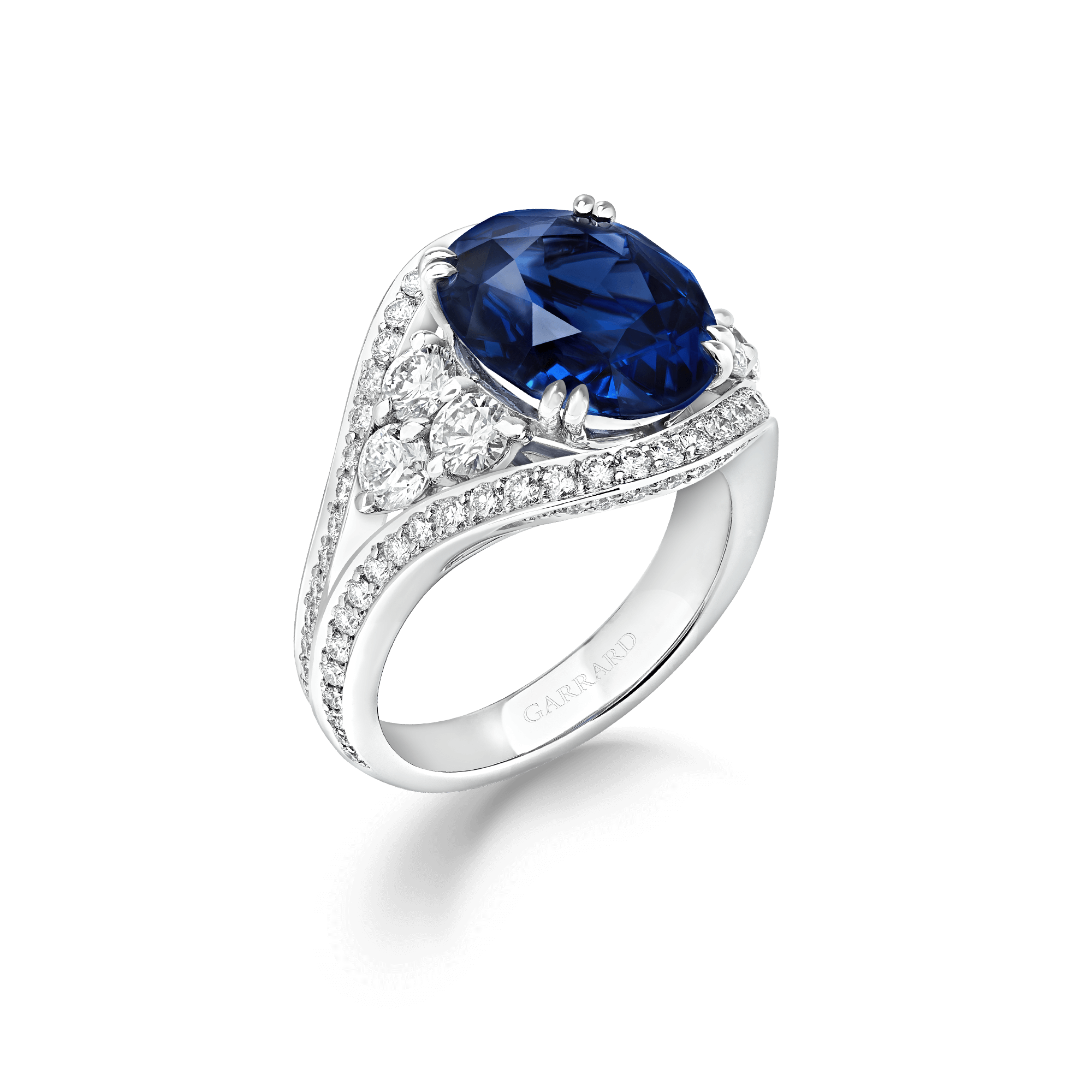 garrard Jewelled Vault 8.08ct Oval Royal Blue Sapphire and Diamond High Jewellery Ring In 18ct White Gold
