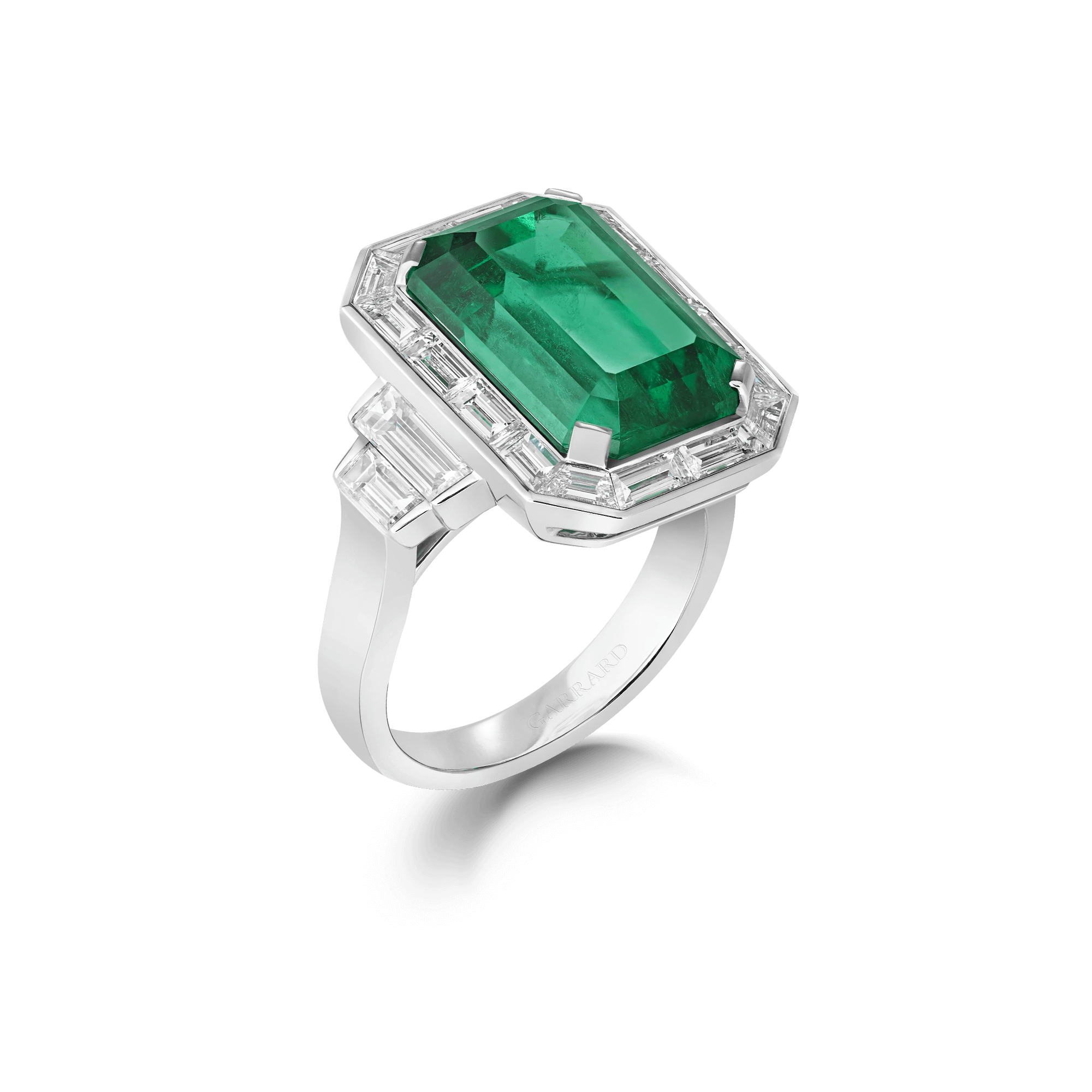 garrard Jewelled Vault 9.03ct Emerald Cut Emerald and Diamond High Jewellery Ring In 18ct White Gold