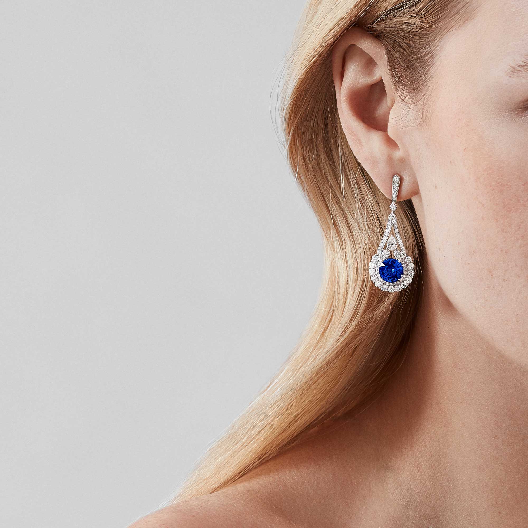 Garrard Jewelled Vault Round Sapphire And Diamond HIgh Jewellery Earrings In 18ct White Gold