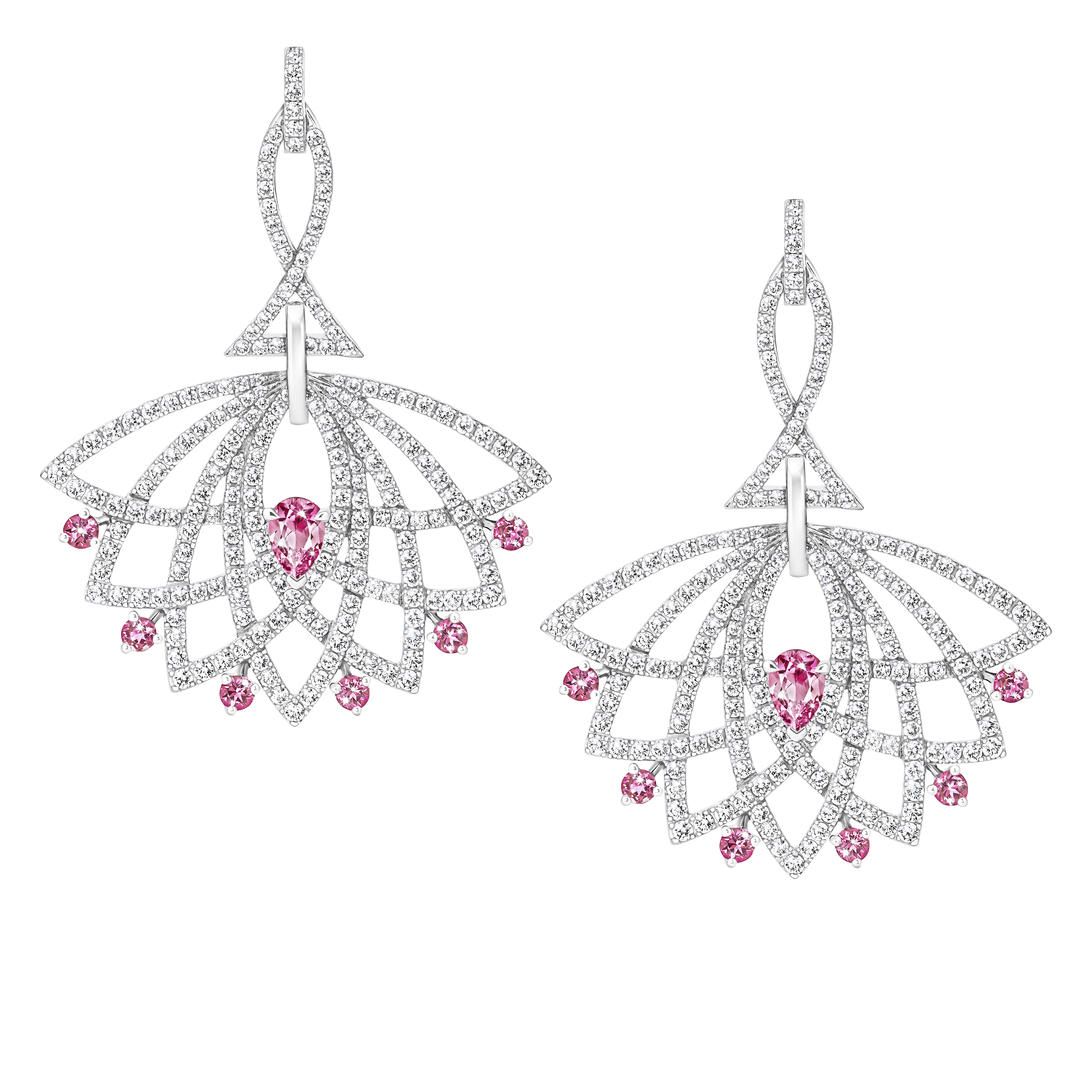 garrard Lotus Bloom Pink Sapphire and Diamond Drop Earrings In 18K White Gold
