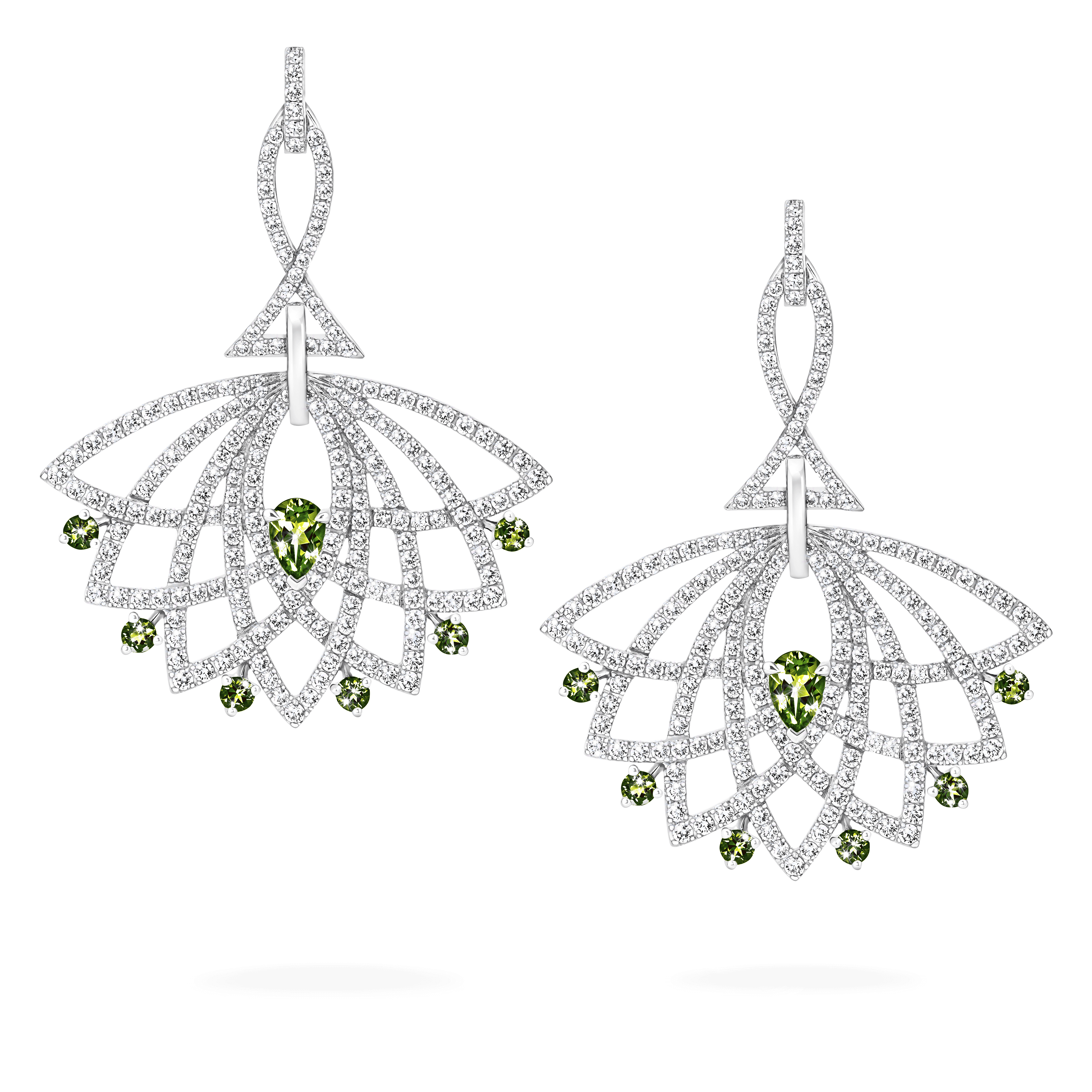 garrard Lotus Bloom Tsavorite and Diamond Drop Earrings In 18K White Gold