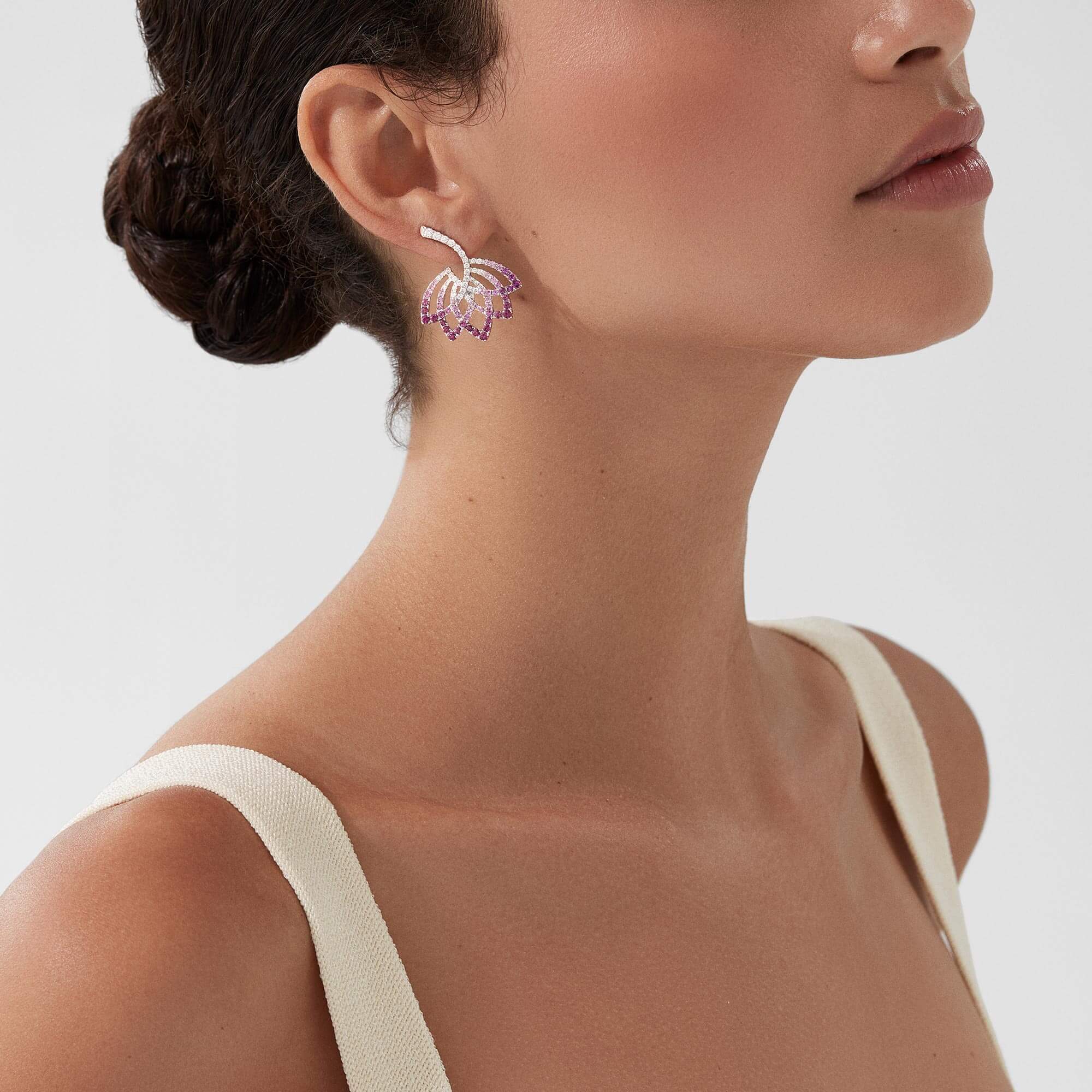 Garrard Lotus Flower Pink Sapphire And Diamond Drop Earrings In 18K White Gold