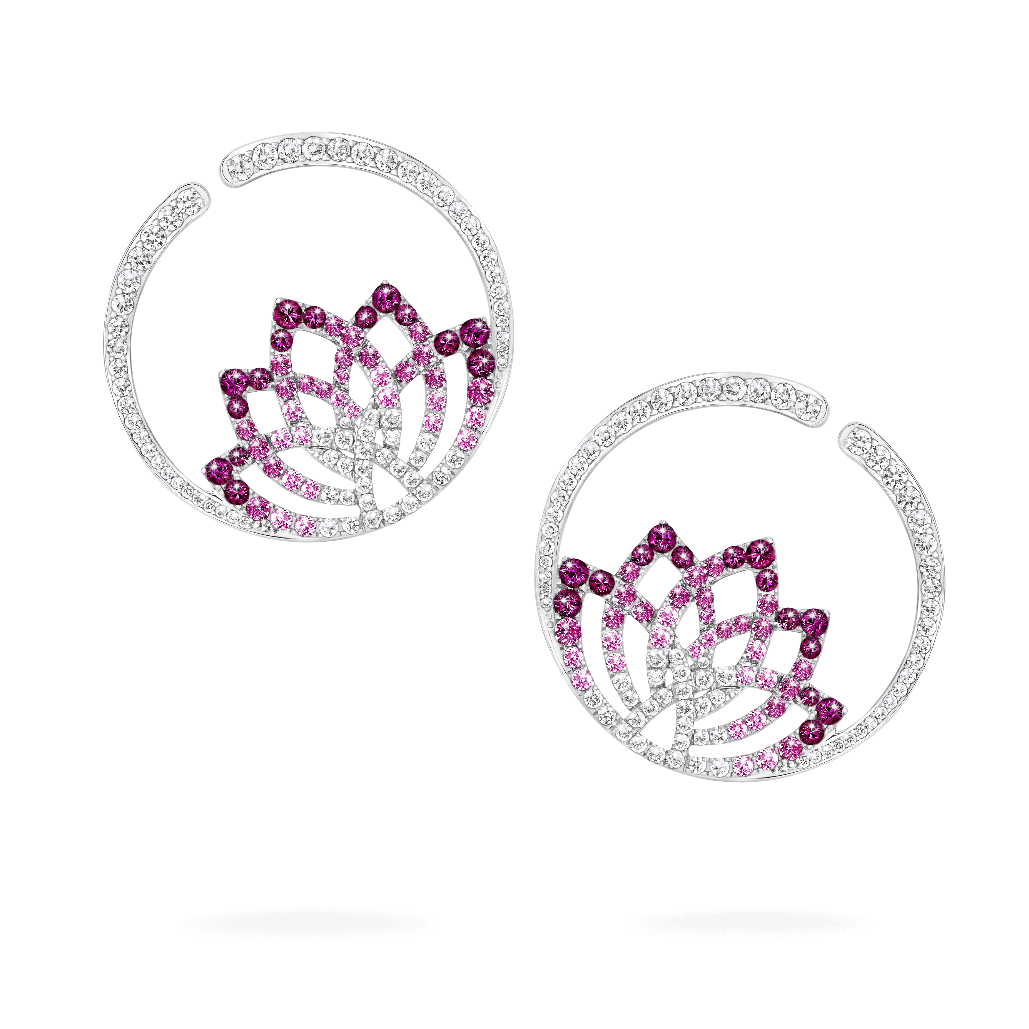 garrard Lotus Flower Pink Sapphire and Diamond Hoop Earrings In 18K White Gold