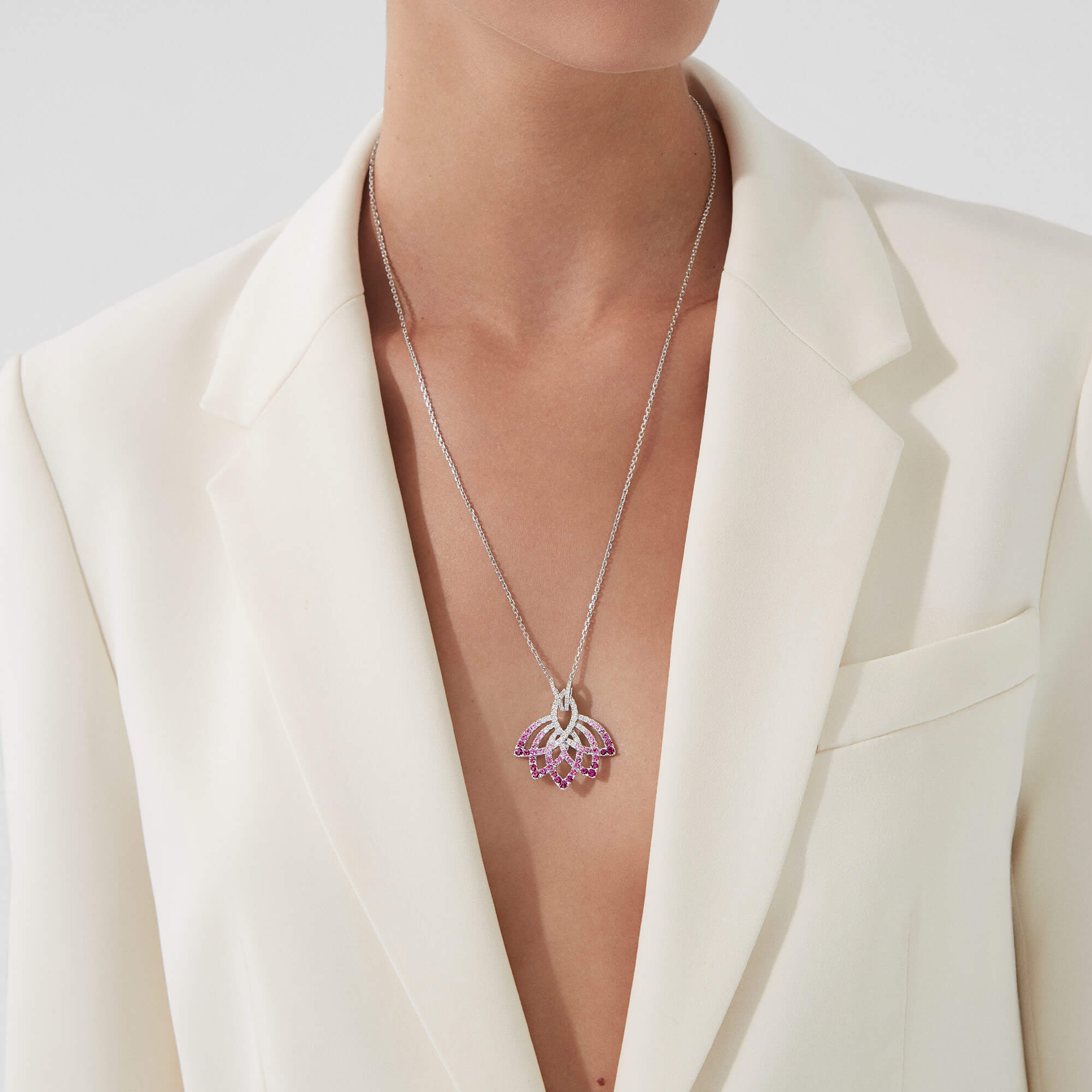 Garrard Lotus Flower Pink Sapphire And Diamond Slider Pendant In 18K White Gold