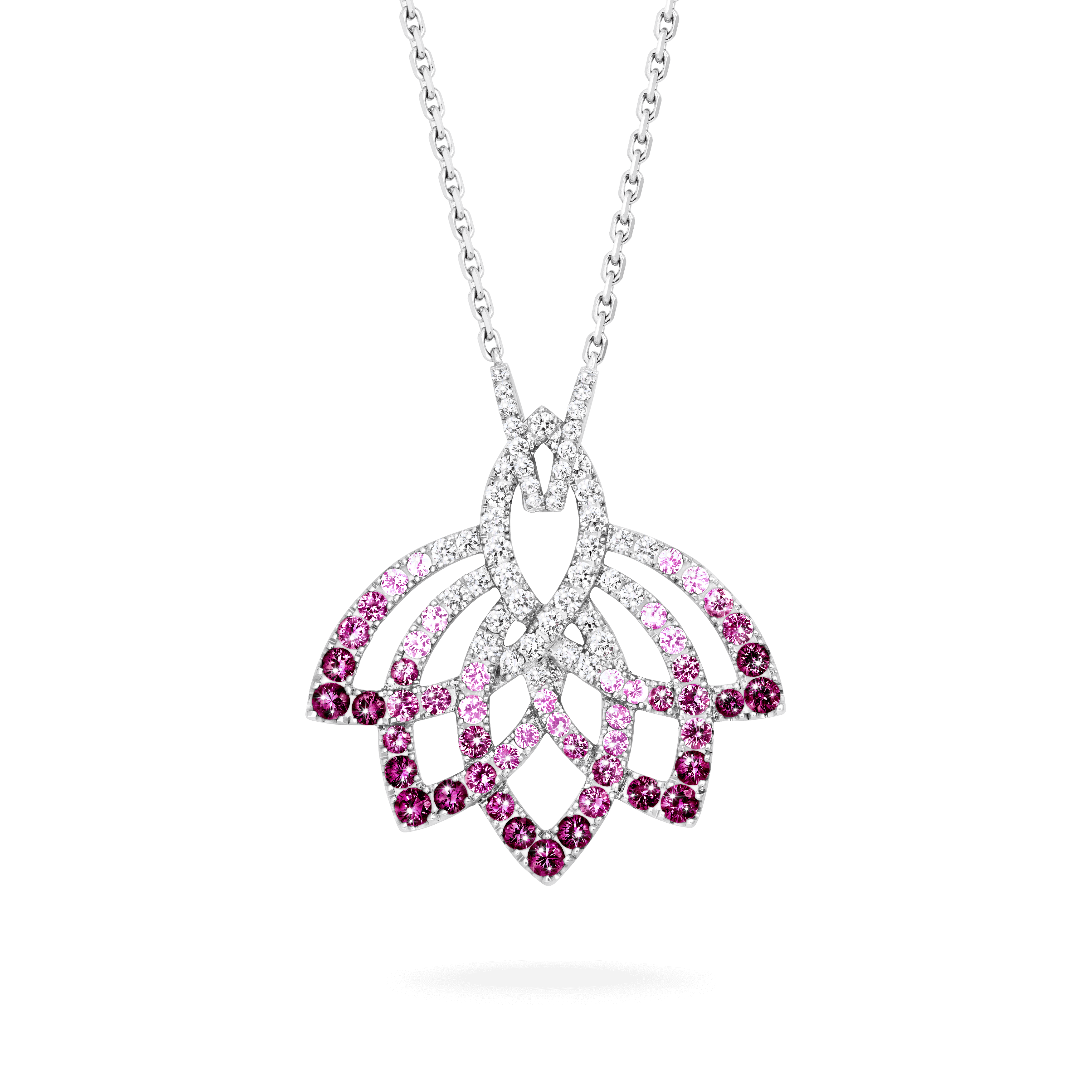 garrard Lotus Flower Pink Sapphire and Diamond Slider Pendant In 18K White Gold