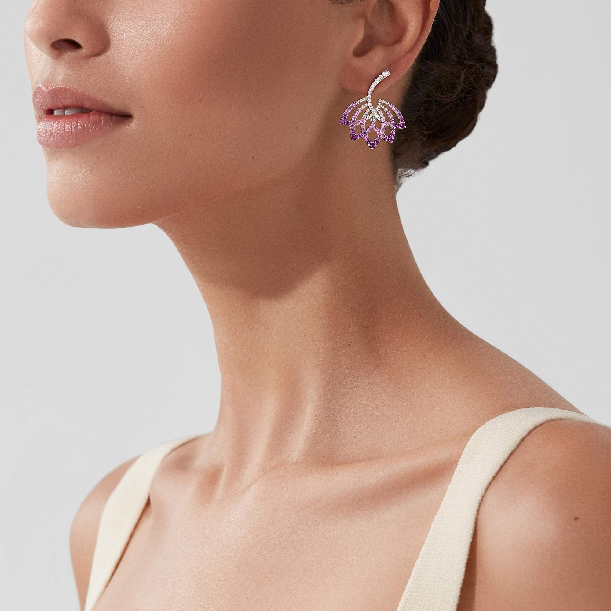 Garrard Lotus Flower Purple Sapphire And Diamond Drop Earrings In 18K White Gold