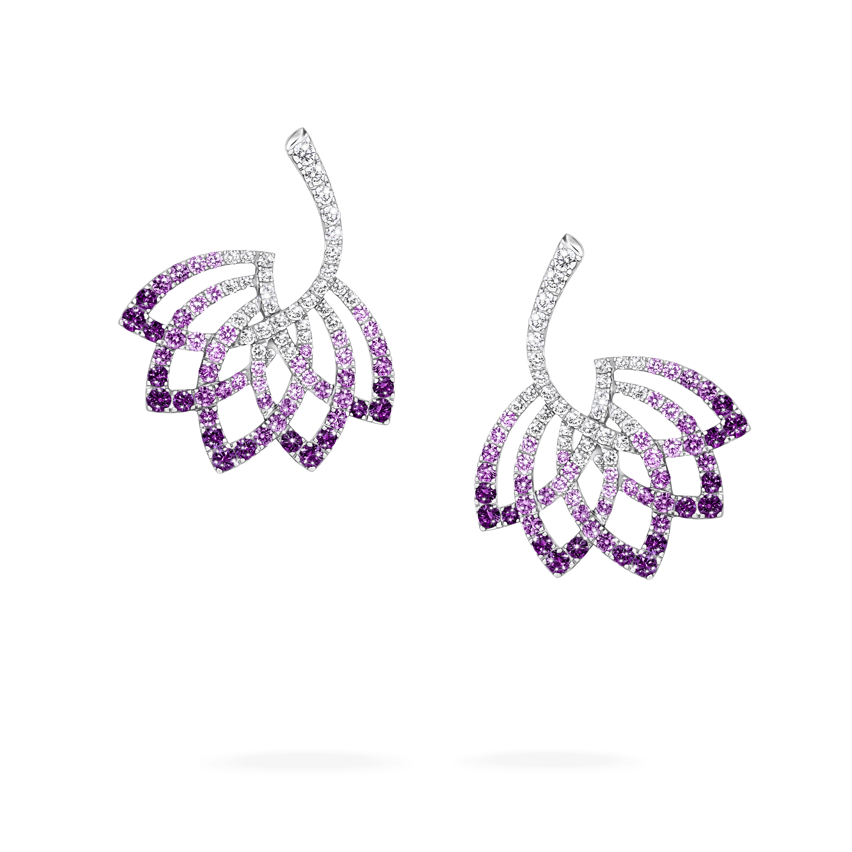 garrard Lotus Flower Purple Sapphire and Diamond Drop Earrings In 18K White Gold