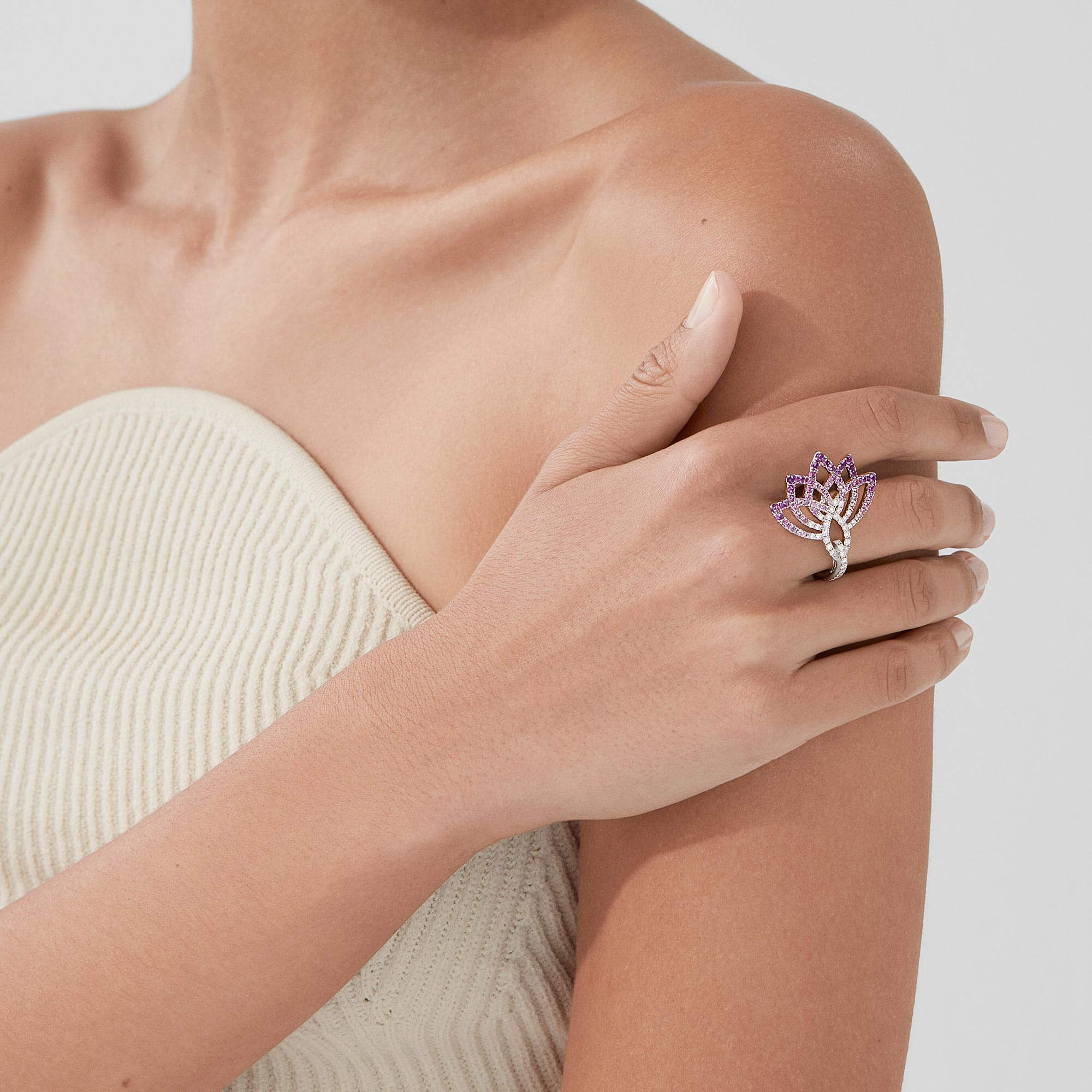 Garrard Lotus Flower Purple Sapphire And Diamond Ring In 18K White Gold