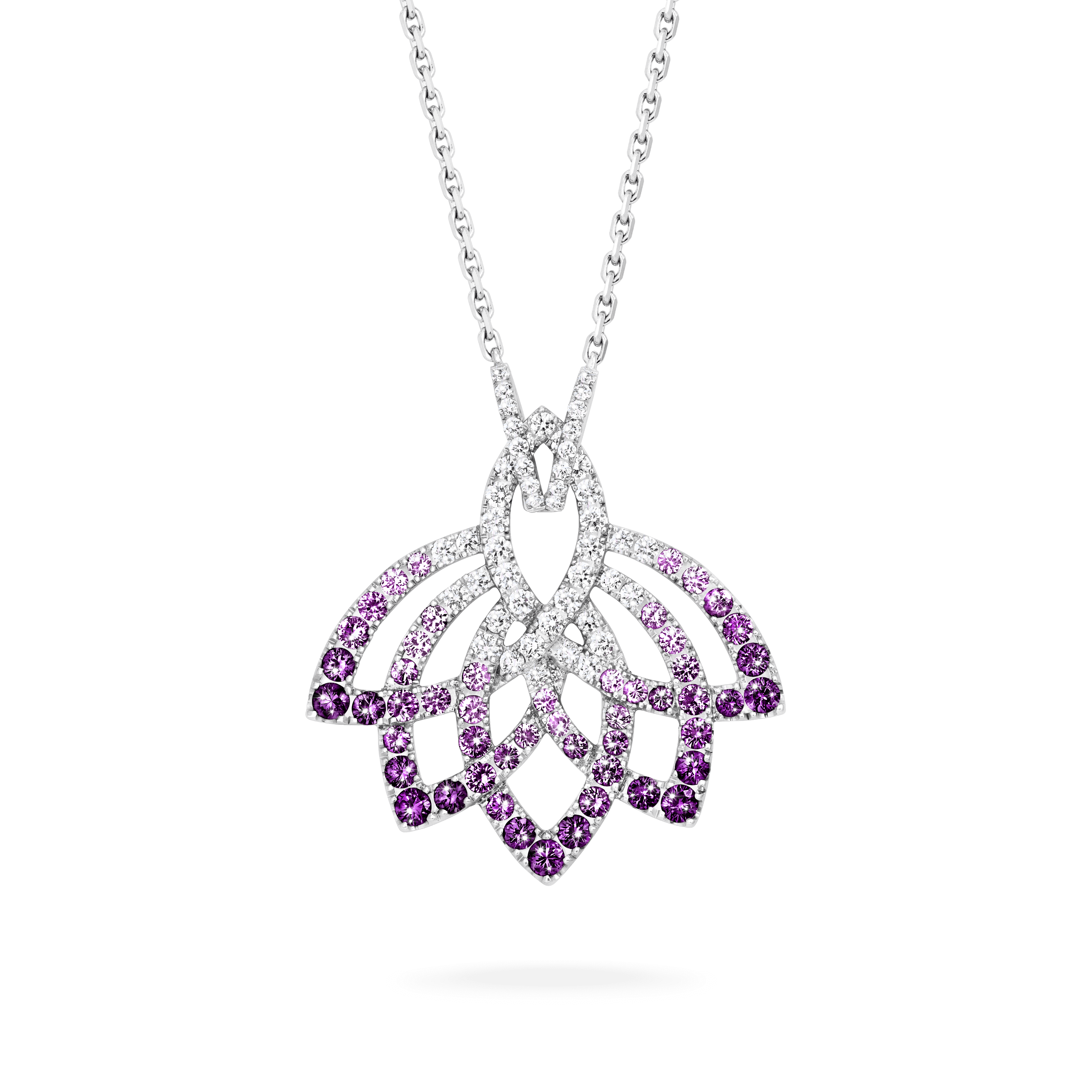 garrard Lotus Flower Purple Sapphire and Diamond Slider Pendant In 18K White Gold