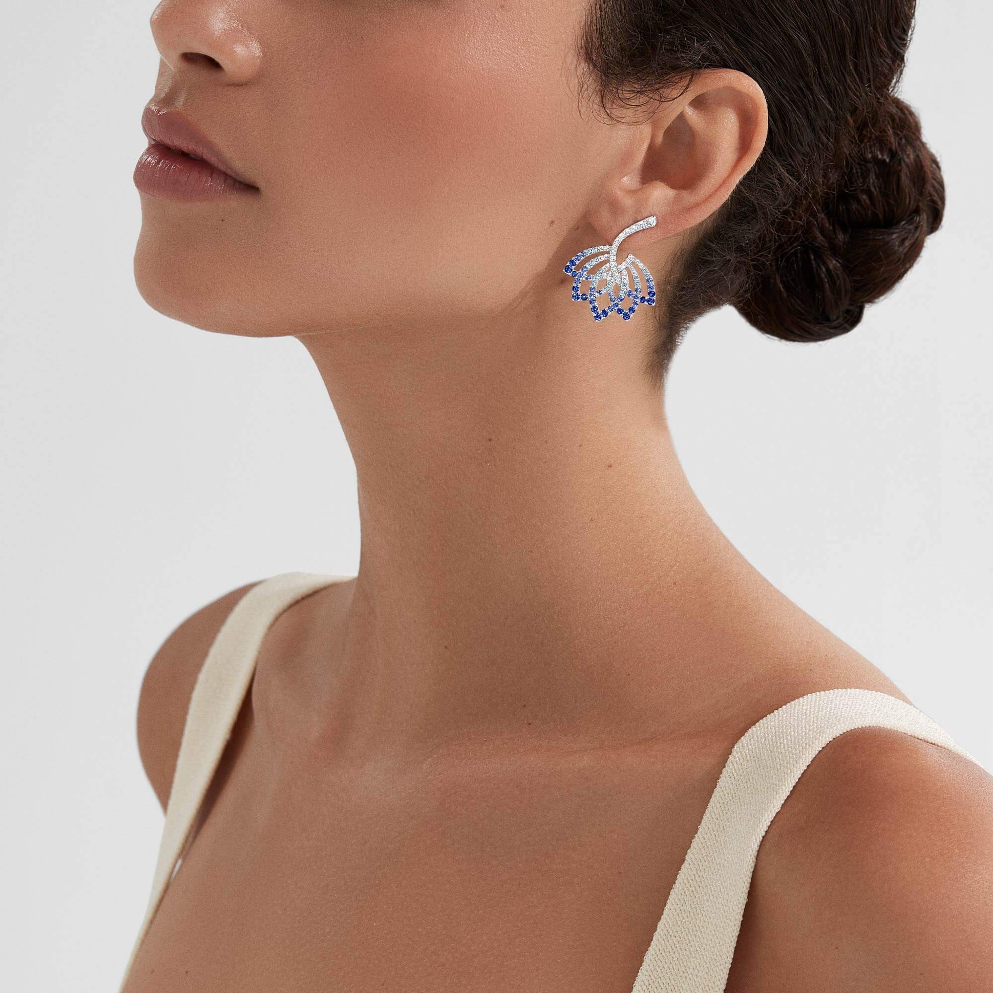 Garrard Lotus Flower Sapphire And Diamond Drop Earrings In 18K White Gold