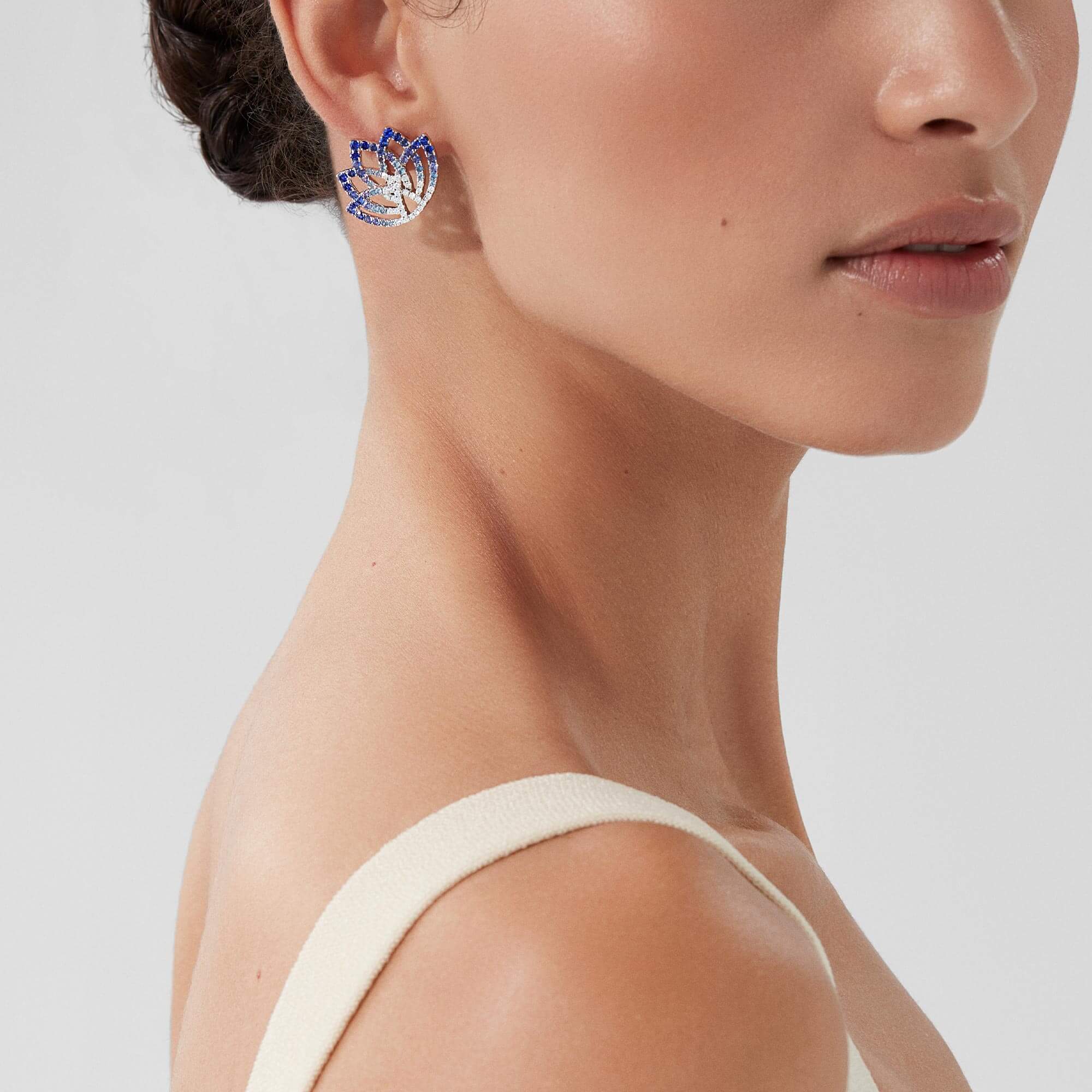 Garrard Lotus Flower Sapphire And Diamond Ear Climbers In 18K White Gold