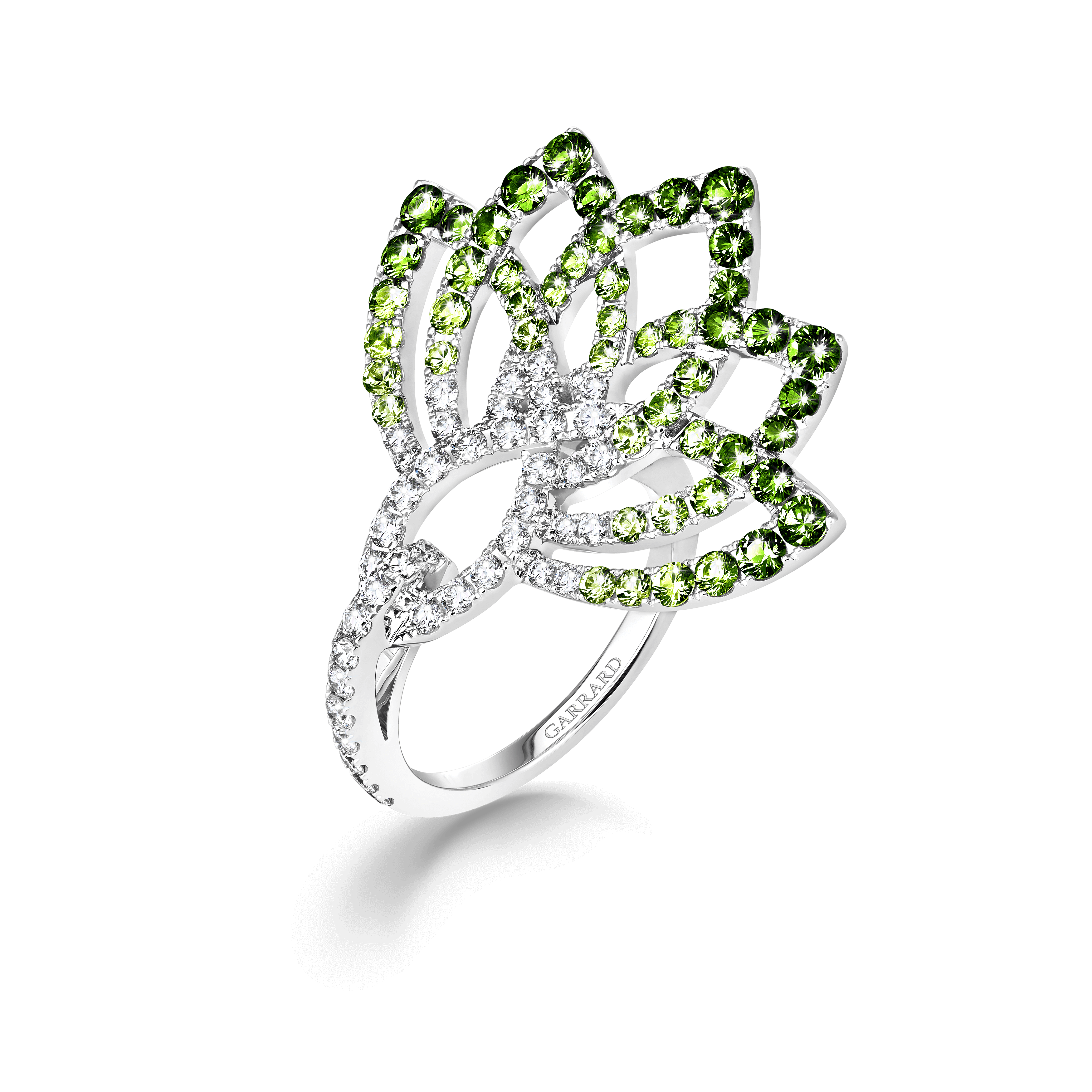 garrard Lotus Flower Tsavorite and Diamond Ring In 18K White Gold