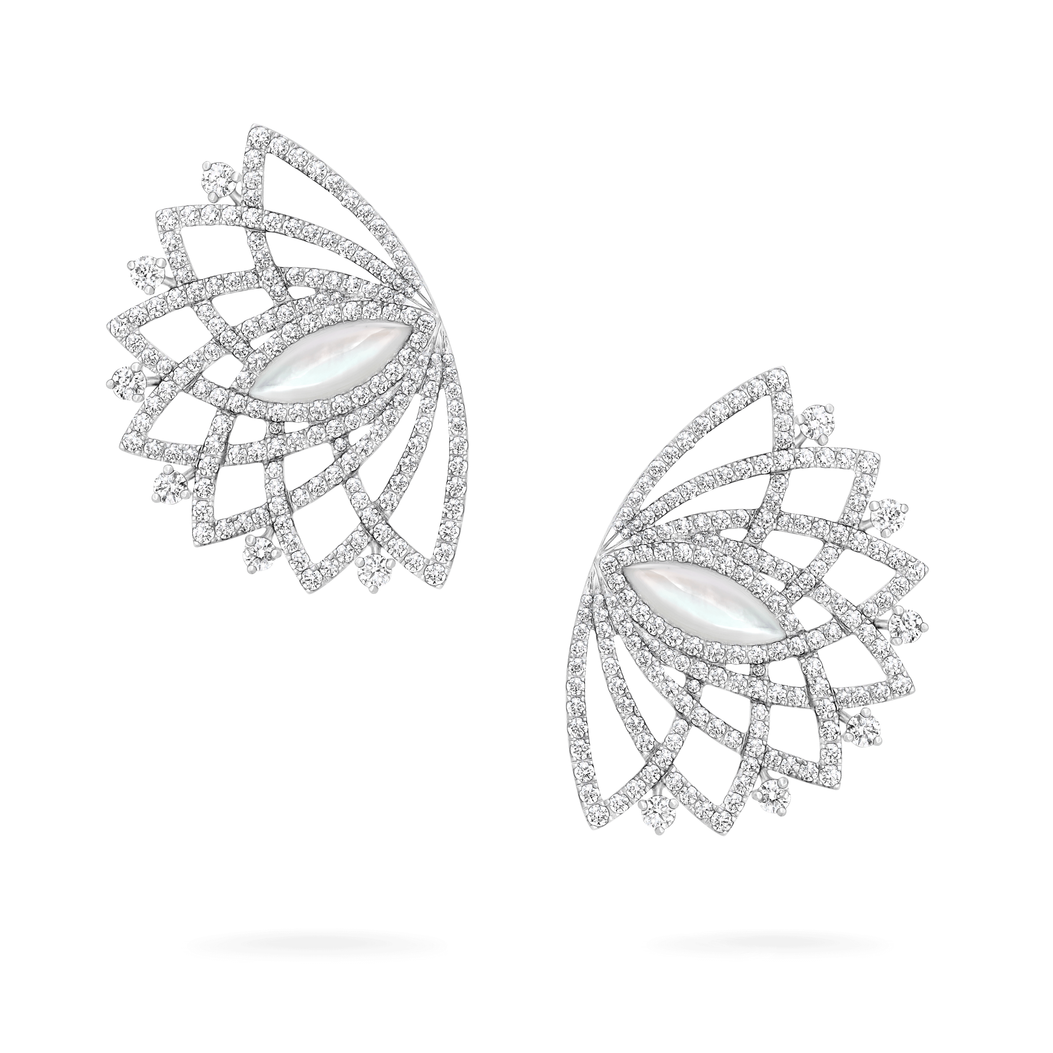 garrard Lotus Pearl High Jewellery Diamond and Mother of Pearl Ear Climbers In 18K White Gold