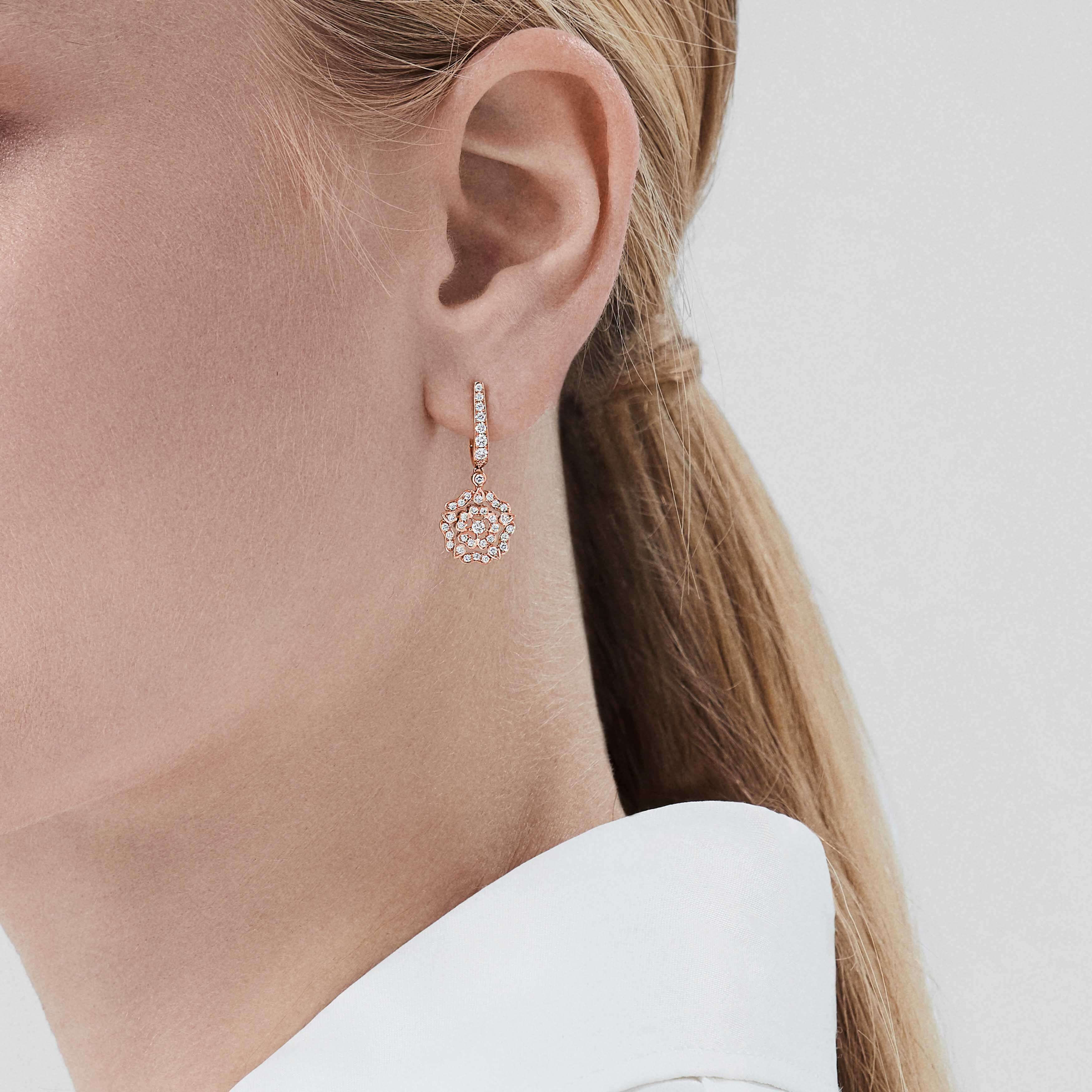 Garrard Tudor Rose Mini Icons Diamond Drop Earrings In 18ct Rose Gold