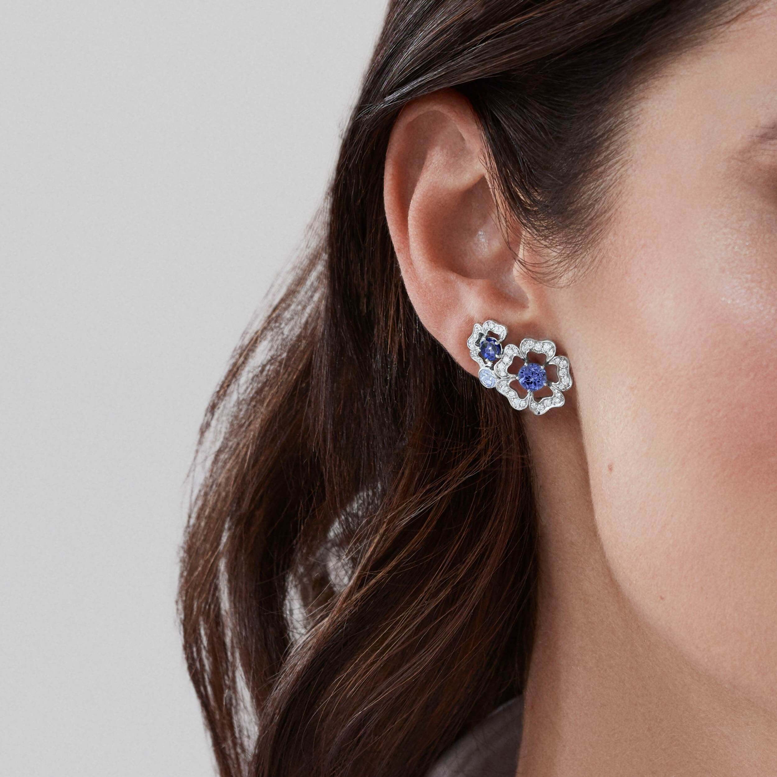 Garrard Tudor Rose Petal Sapphire And Tanzanite Ear Climbers In 18ct White Gold With Diamonds