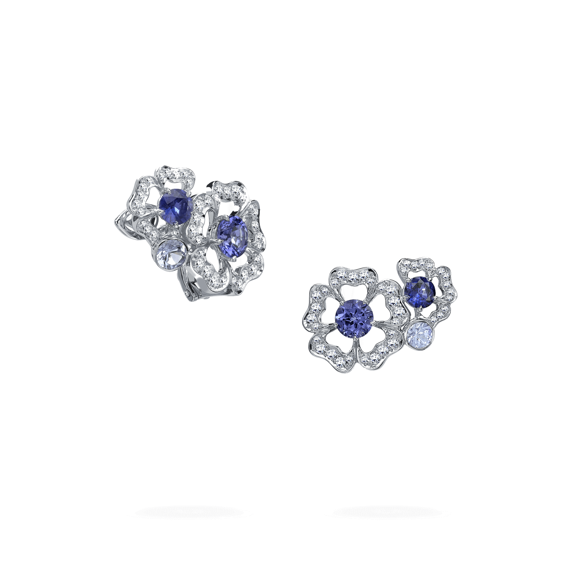 garrard Tudor Rose Petal Sapphire and Tanzanite Ear Climbers In 18ct White Gold with Diamonds