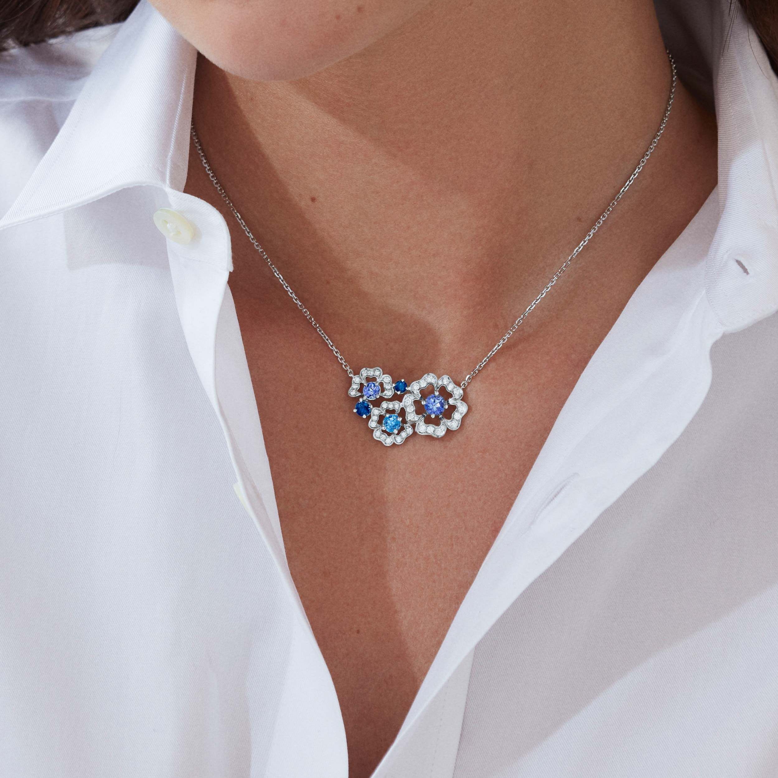 Garrard Tudor Rose Petal Sapphire And Tanzanite Pendant In 18ct White Gold With Diamonds