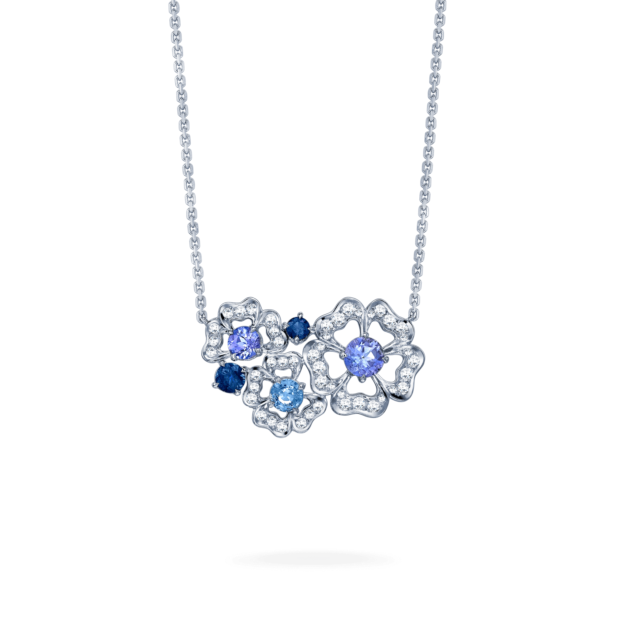 garrard Tudor Rose Petal Sapphire and Tanzanite Pendant In 18ct White Gold with Diamonds