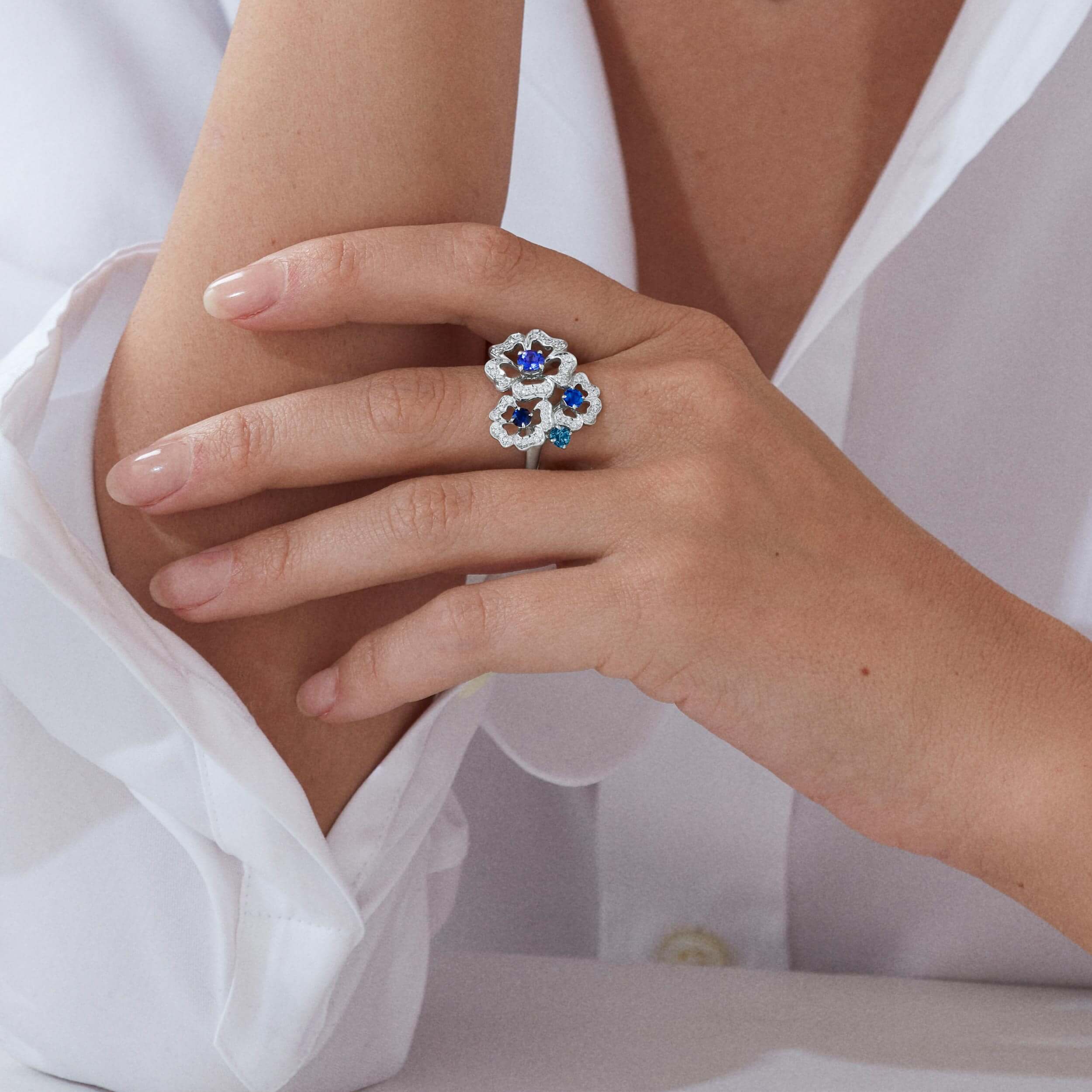 Garrard Tudor Rose Petal Sapphire And Tanzanite Ring In 18ct White Gold With Diamonds