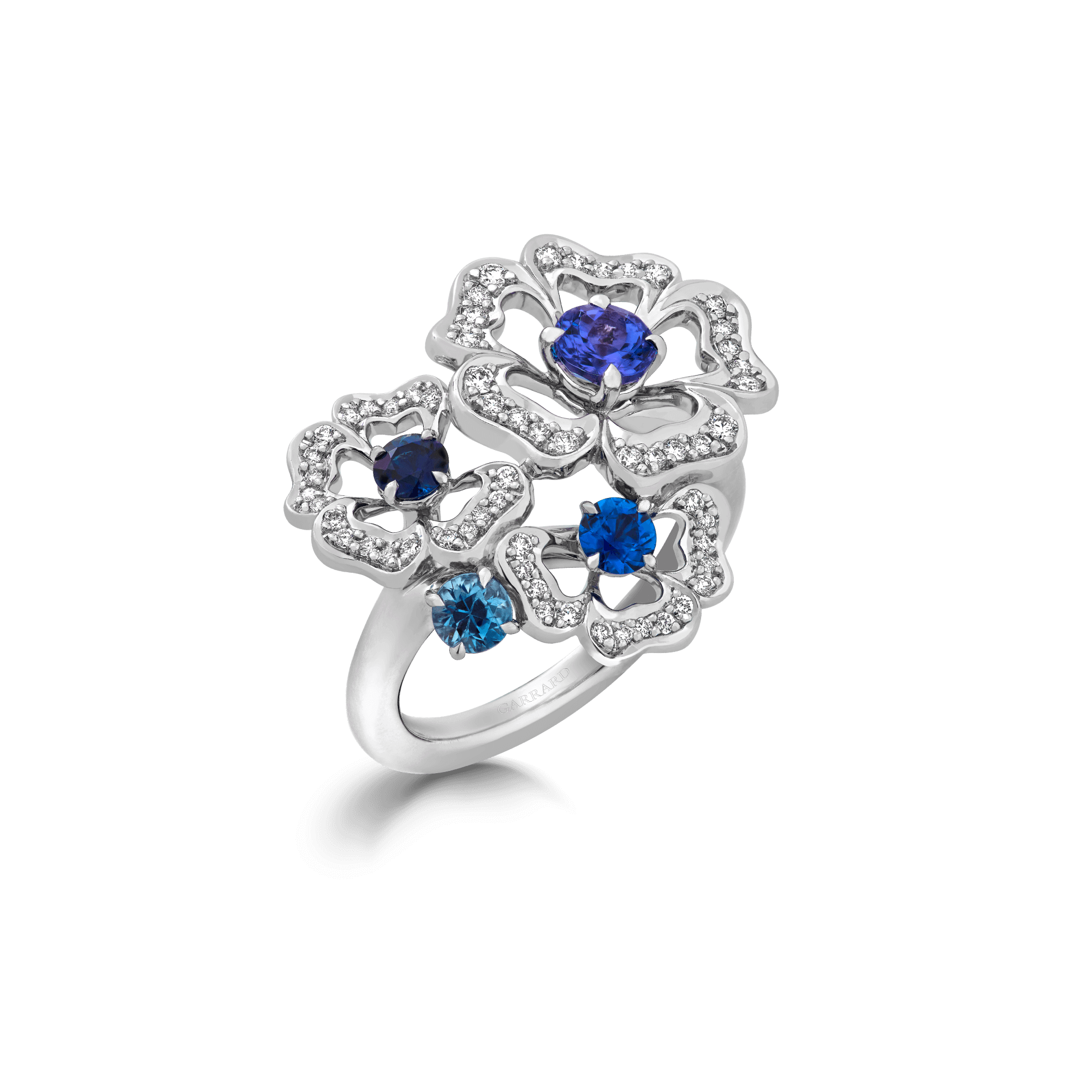 garrard Tudor Rose Petal Sapphire and Tanzanite Ring In 18ct White Gold with Diamonds