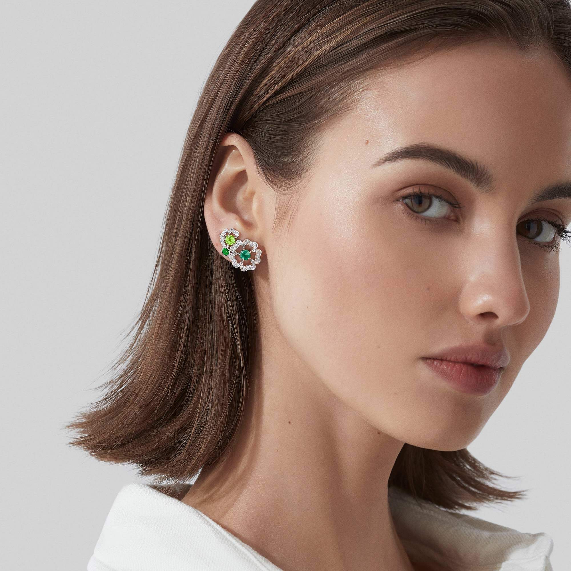 Garrard Tudor Rose Petal Tourmaline And Peridot Ear Climbers In 18ct White Gold With Diamonds