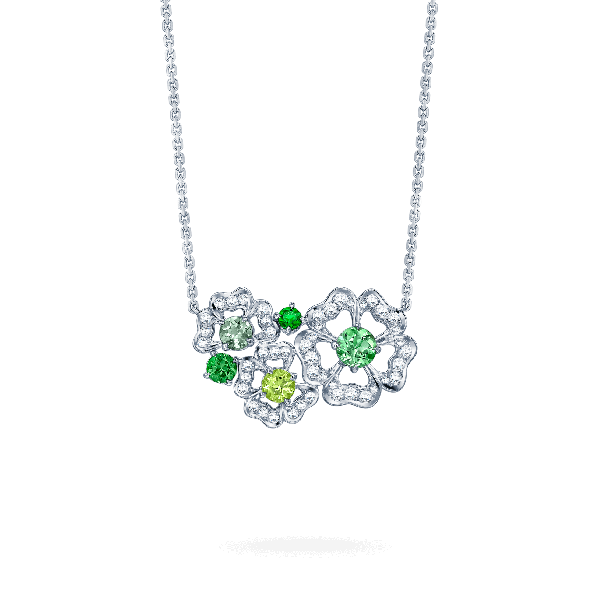 garrard Tudor Rose Petal Tourmaline Green Sapphire and Peridot Pendant In 18ct White Gold with Diamonds