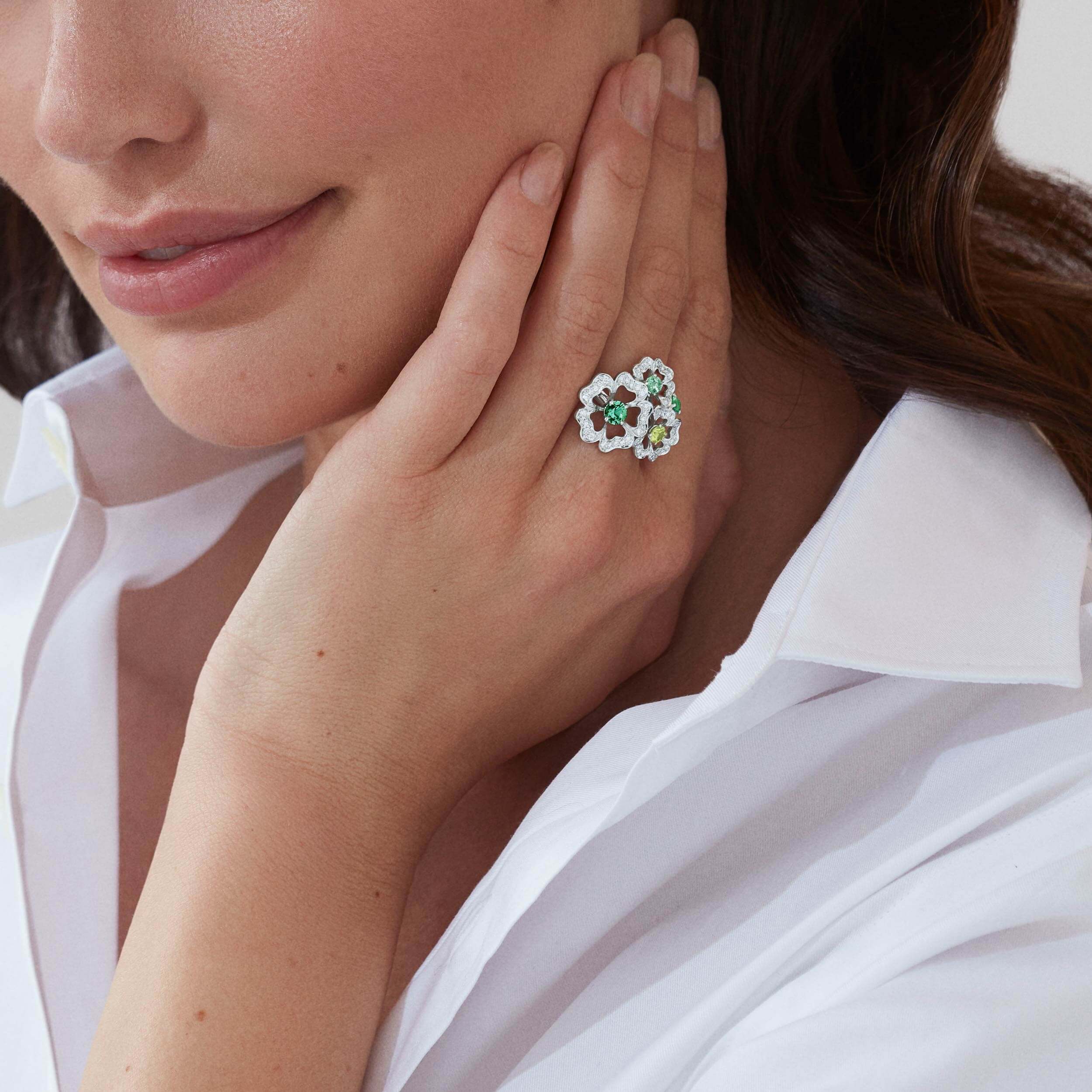 Garrard Tudor Rose Petal Tourmaline Peridot And Green Sapphire Ring In 18ct White Gold With Diamonds