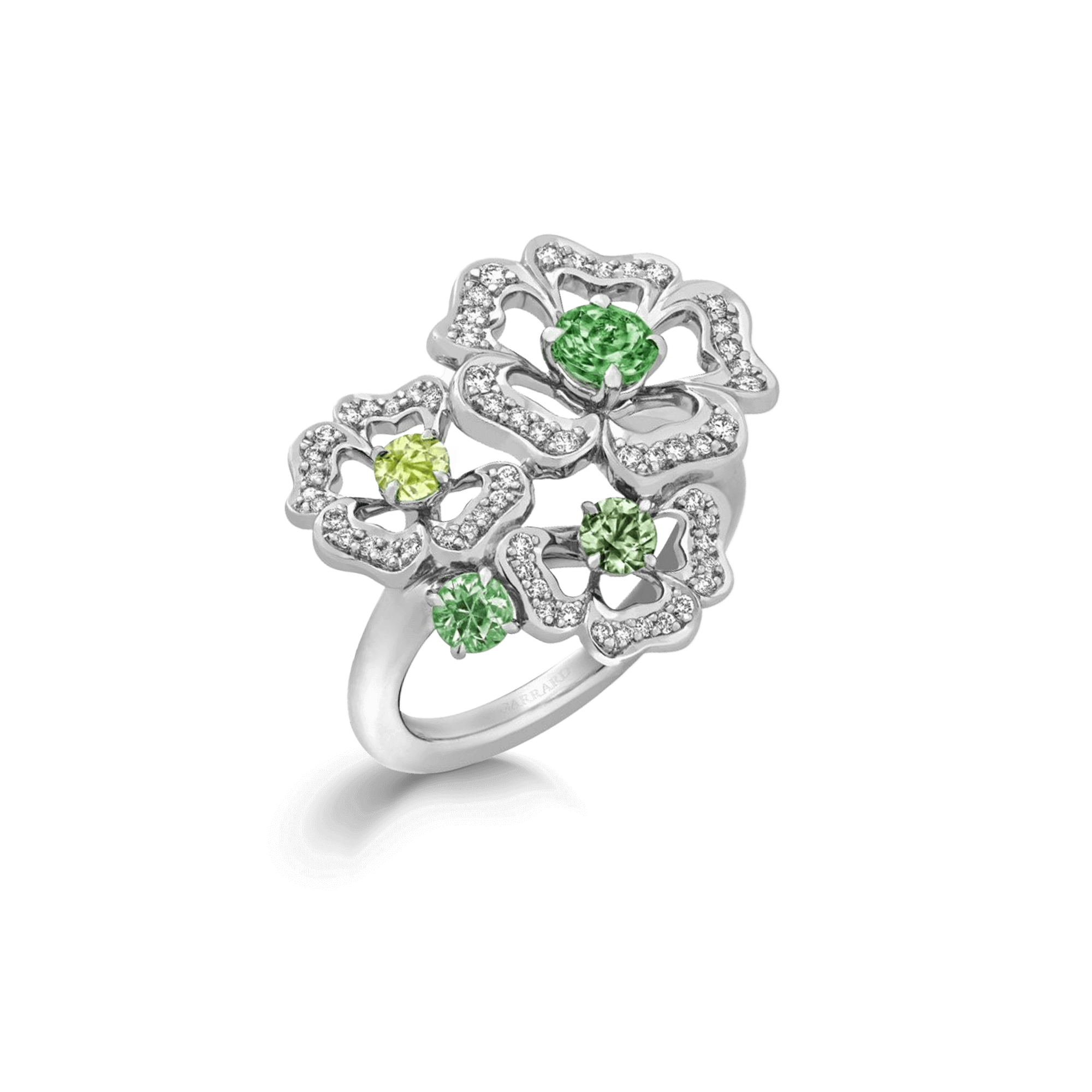 garrard Tudor Rose Petal Tourmaline Peridot and Green Sapphire Ring In 18ct White Gold with Diamonds