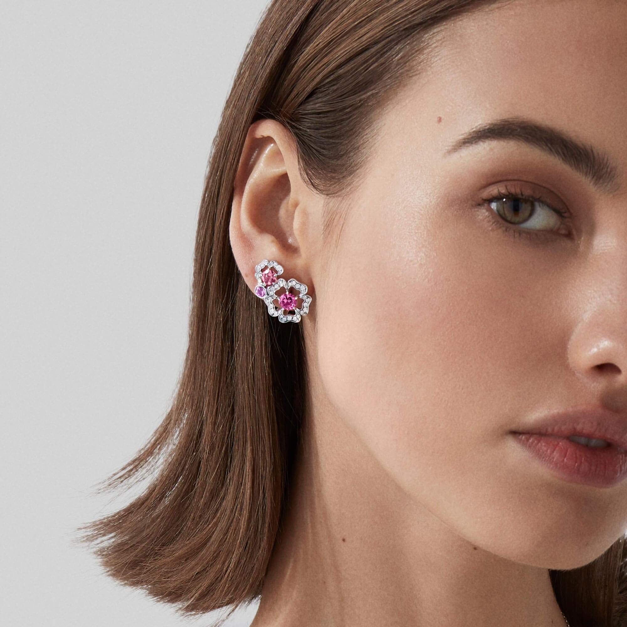 Garrard Tudor Rose Petal Tourmaline Pink Sapphire And Rubellite Ear Climbers In 18ct White Gold With Diamonds