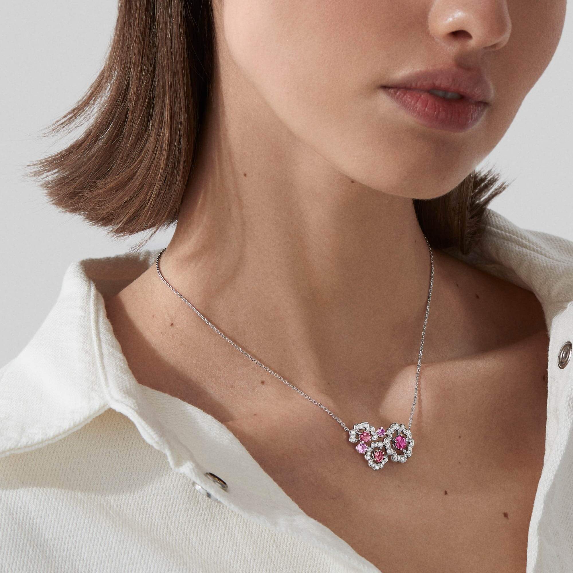 Garrard Tudor Rose Petal Tourmaline Pink Sapphire And Rubellite Pendant In 18ct White Gold With Diamonds