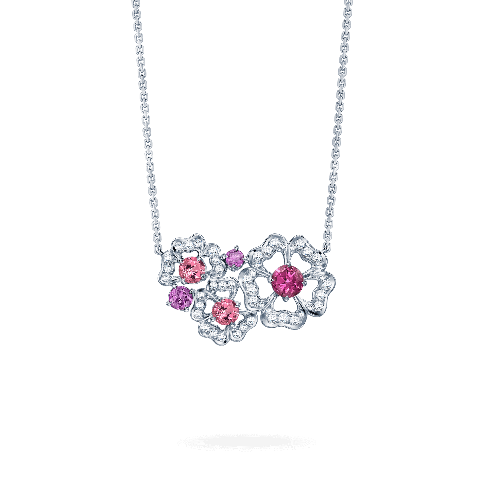 garrard Tudor Rose Petal Tourmaline Pink Sapphire and Rubellite Pendant In 18ct White Gold with Diamonds