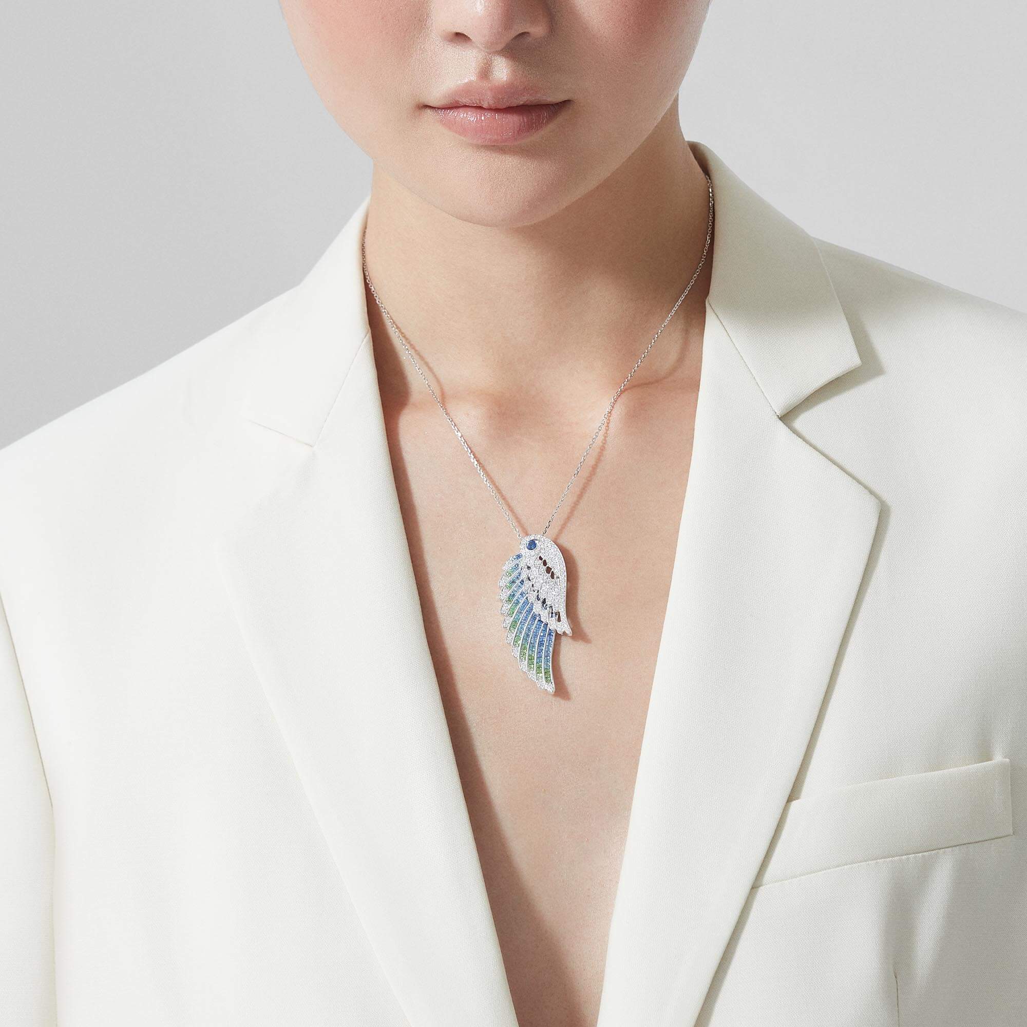 Garrard Wings Embrace Peacock Slider Pendant In 18ct White Gold With Diamonds Sapphires Tsavorites And Aquamarines